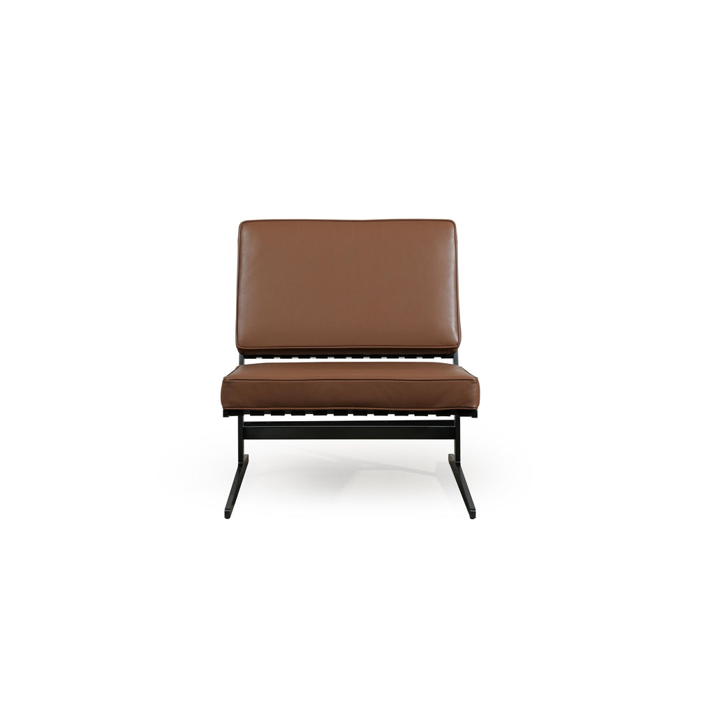 This is a single-seater lounge chair with a brown upholstered seat and backrest supported by a black metal frame. It features a low-profile, angular base with two splayed legs. The cushions are stitched along edges, and the frame includes horizontal slats beneath the seat. Intended for casual seating, it offers a minimalist aesthetic. Category: Furniture > Chairs > Lounge Chairs