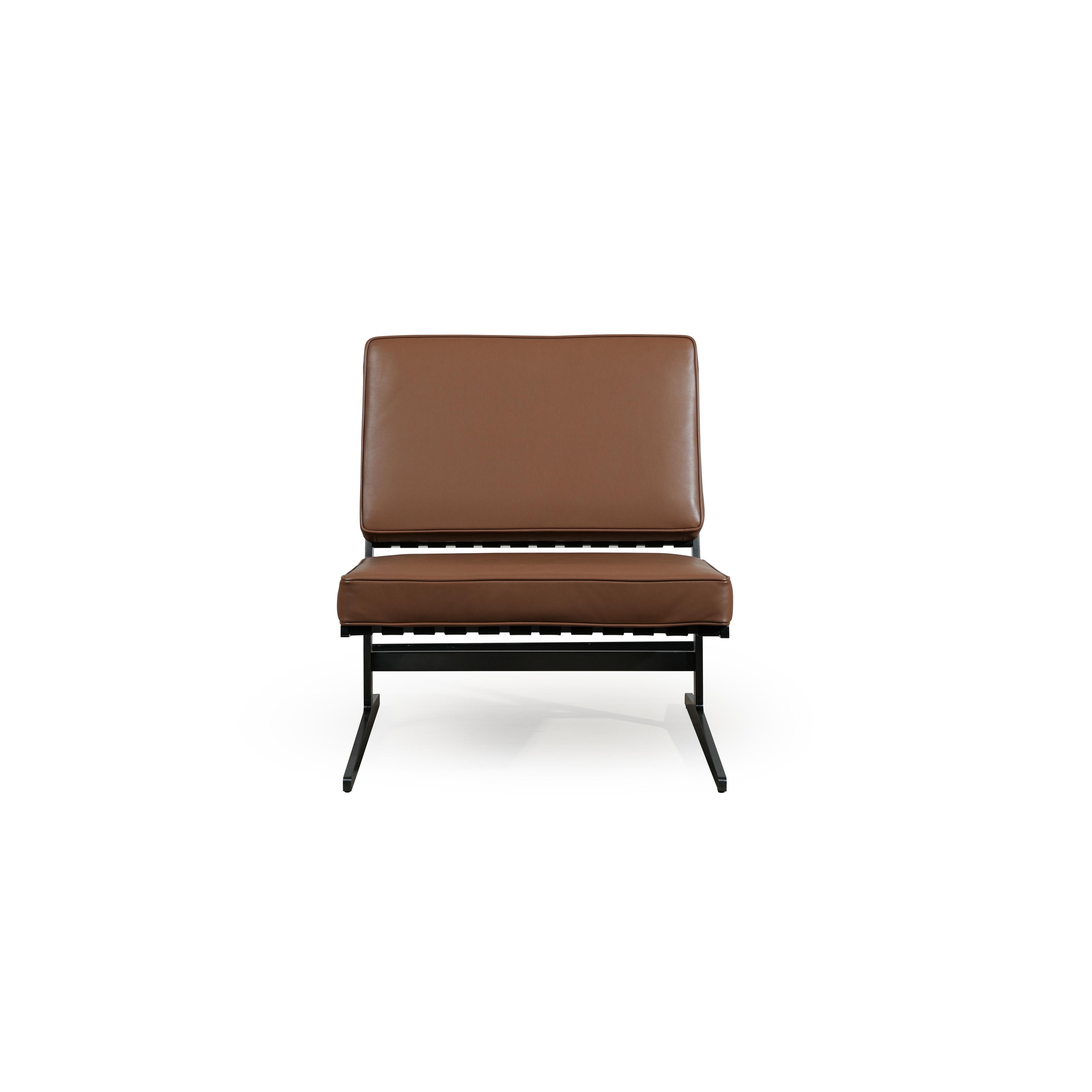 This is a single-seater lounge chair with a brown upholstered seat and backrest supported by a black metal frame. It features a low-profile, angular base with two splayed legs. The cushions are stitched along edges, and the frame includes horizontal slats beneath the seat. Intended for casual seating, it offers a minimalist aesthetic. Category: Furniture > Chairs > Lounge Chairs