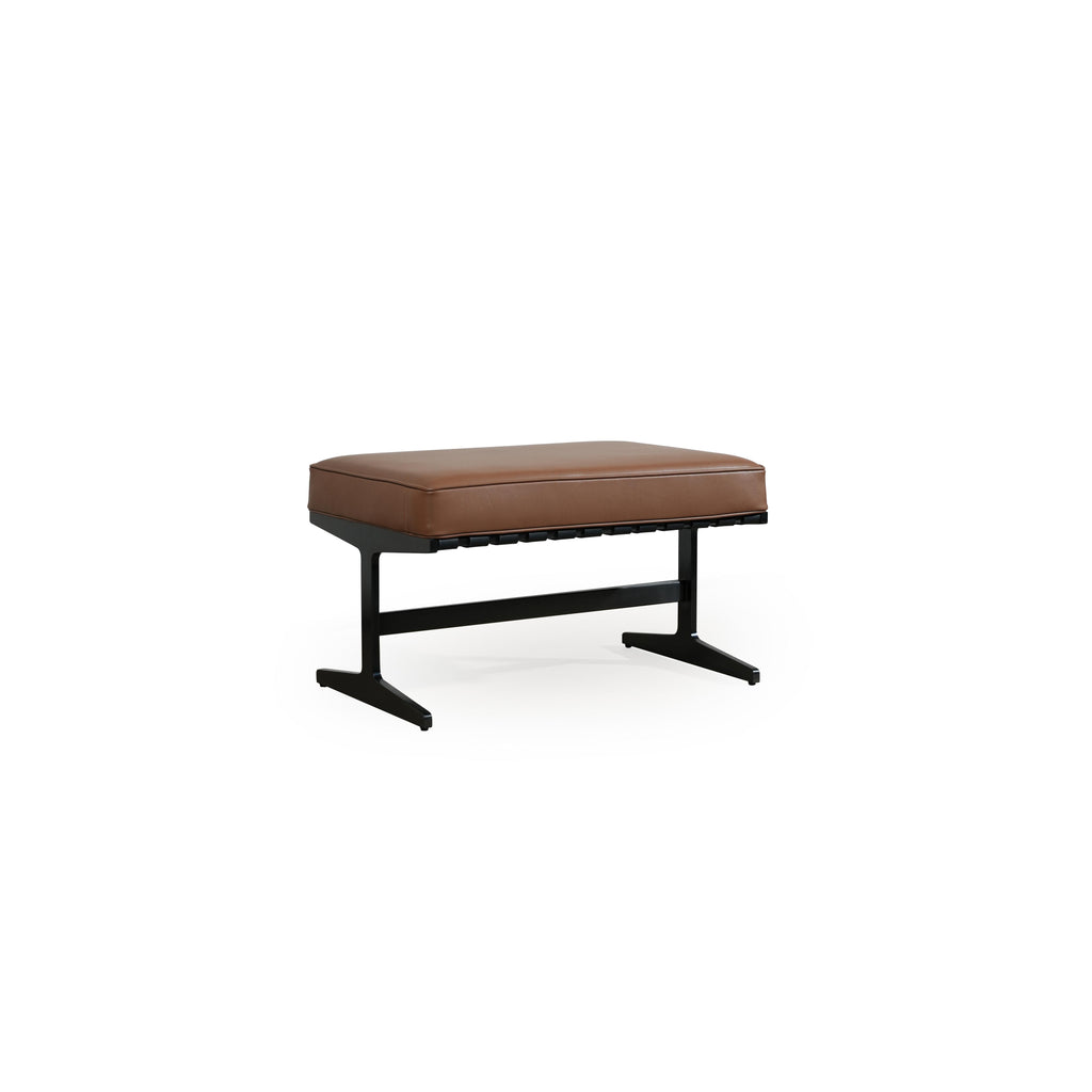This is a single-seater lounge chair with a brown upholstered seat and backrest supported by a black metal frame. It features a low-profile, angular base with two splayed legs. The cushions are stitched along edges, and the frame includes horizontal slats beneath the seat. Intended for casual seating, it offers a minimalist aesthetic. Category: Furniture > Chairs > Lounge Chairs