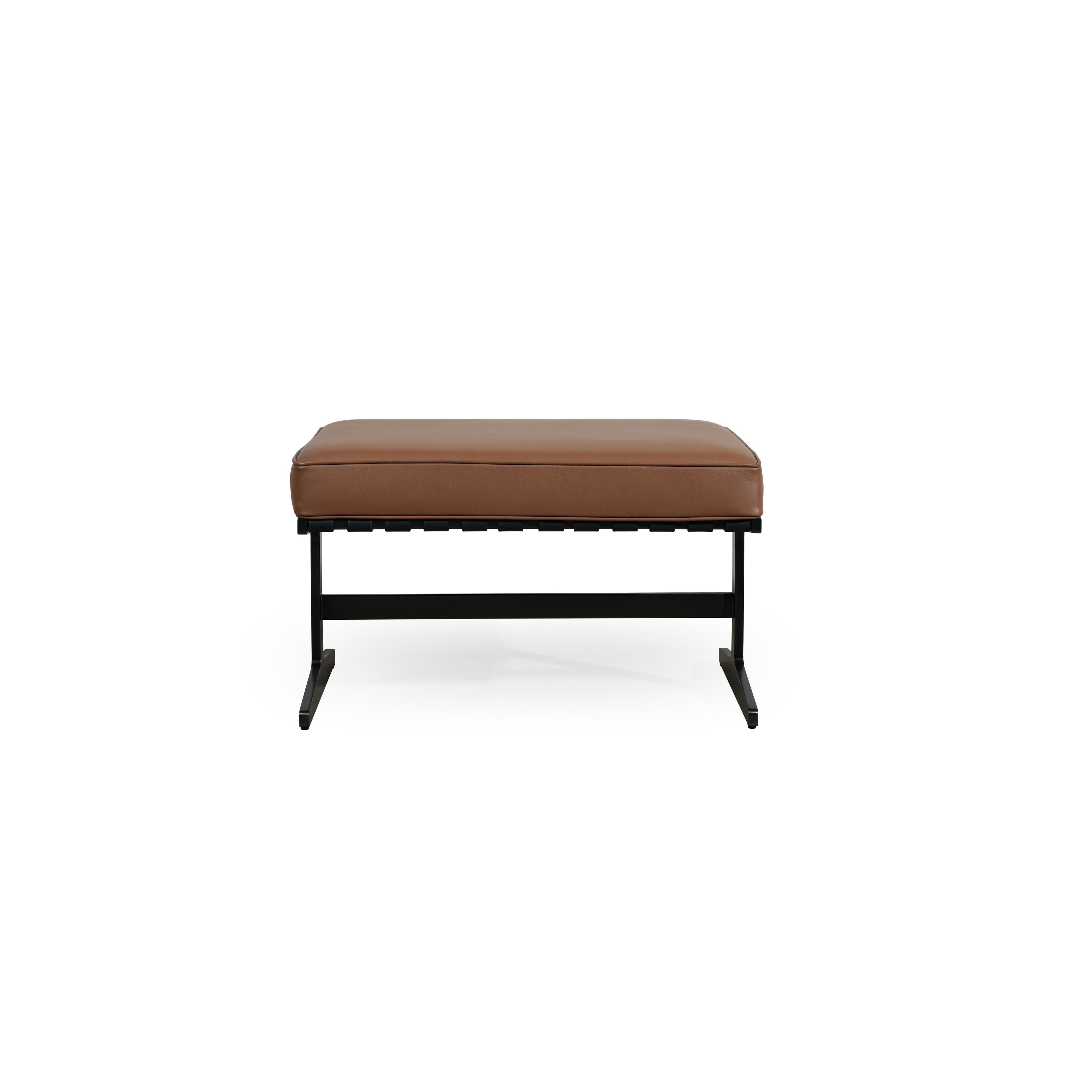 This is a single-seater lounge chair with a brown upholstered seat and backrest supported by a black metal frame. It features a low-profile, angular base with two splayed legs. The cushions are stitched along edges, and the frame includes horizontal slats beneath the seat. Intended for casual seating, it offers a minimalist aesthetic. Category: Furniture > Chairs > Lounge Chairs