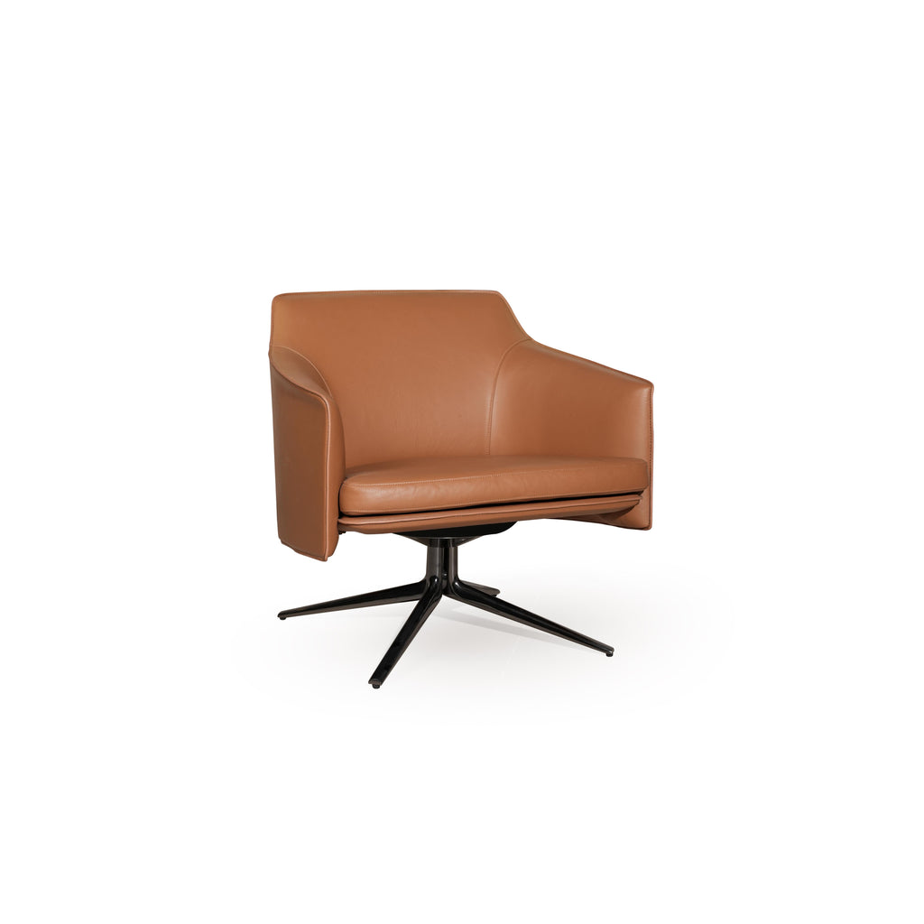 A single-seater swivel chair with tan leather-like upholstery and a black metal star base. It features a low backrest, integrated armrests, and a cushioned seat with visible stitching. Designed for seated comfort and rotation, it has a sleek, modern silhouette. Category: Furniture > Chairs > Swivel Chairs