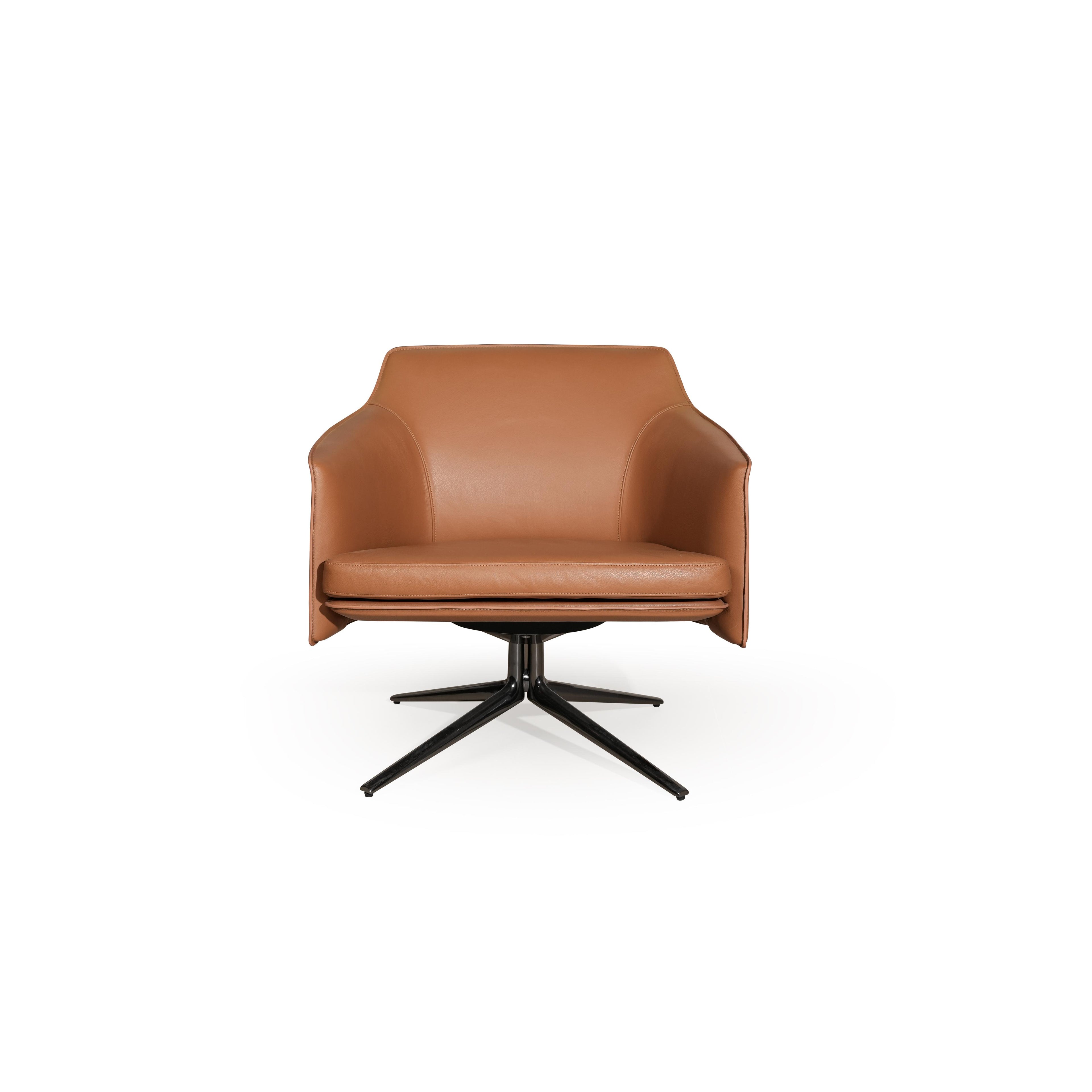 A single-seater swivel chair with tan leather-like upholstery and a black metal star base. It features a low backrest, integrated armrests, and a cushioned seat with visible stitching. Designed for seated comfort and rotation, it has a sleek, modern silhouette. Category: Furniture > Chairs > Swivel Chairs