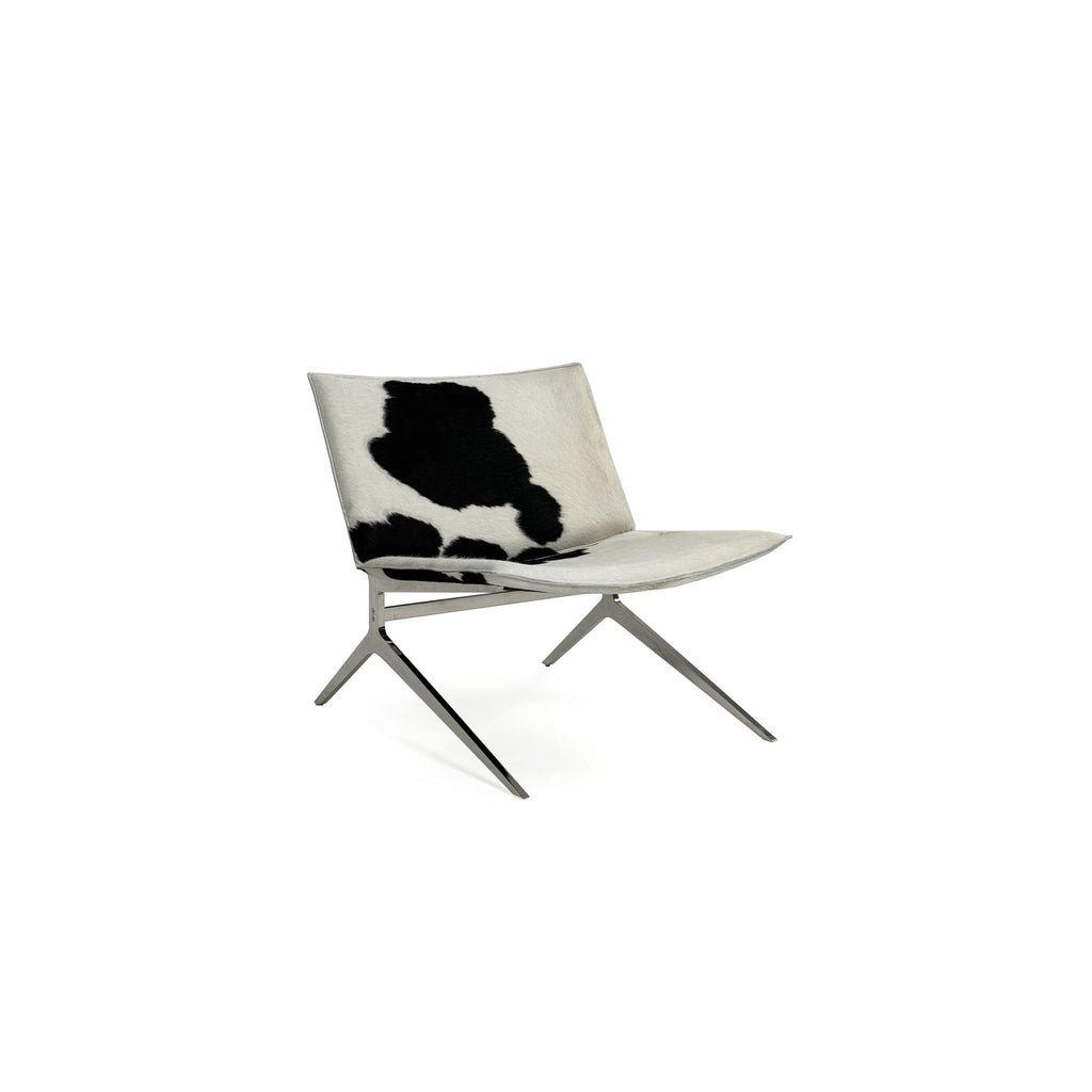 This is a modern lounge chair with a black and white cowhide upholstery on the seat and backrest, supported by a sleek, metallic X-shaped base. The chair has no arms or cushions, and its structure is minimalist. Intended for casual seating, it features a flat, continuous surface for comfort. Category: Furniture > Chairs > Lounge Chairs