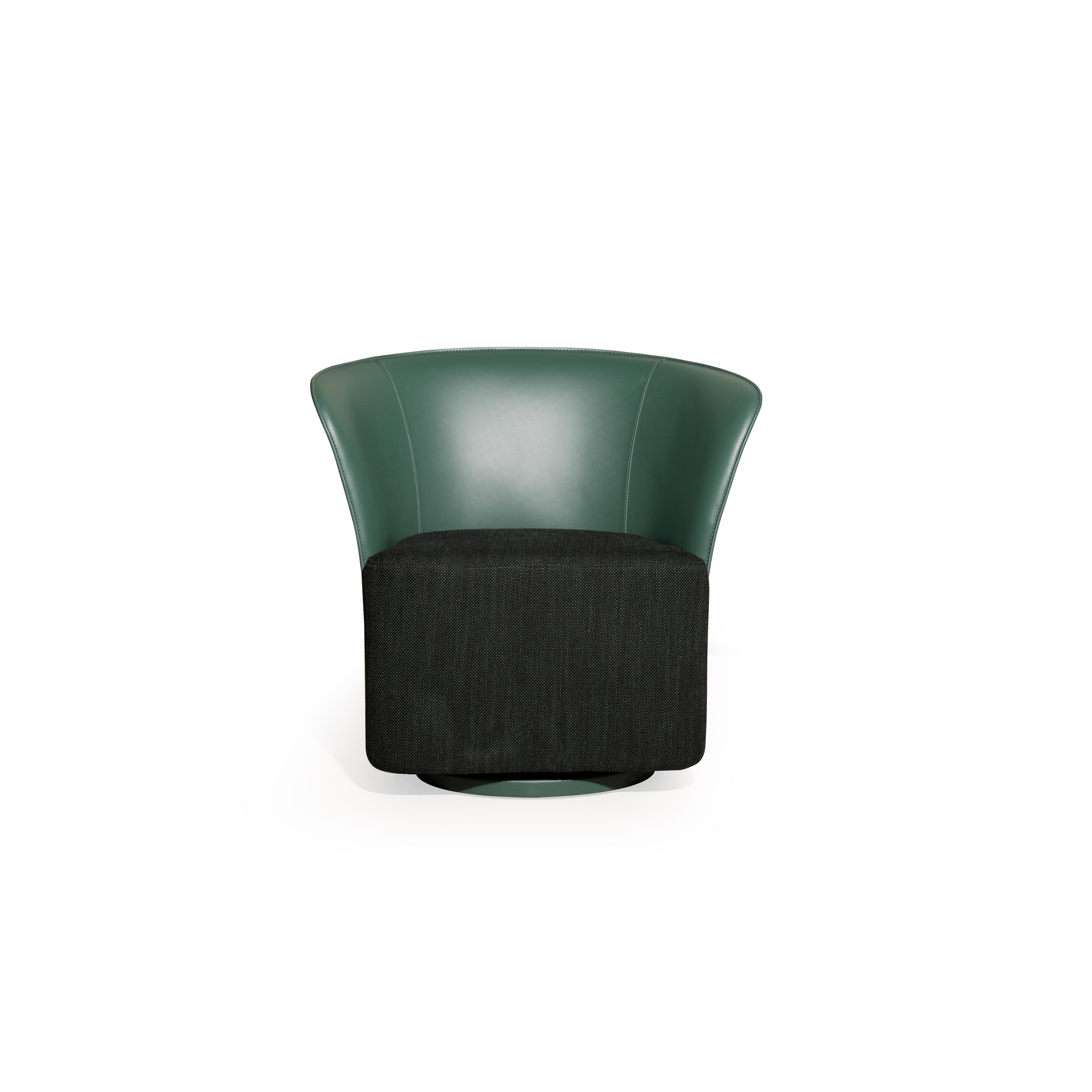 This is a swivel armchair with a curved backrest and a square seat cushion. The backrest and sides are upholstered in smooth, dark green leather-like material, while the seat is covered in a textured black fabric. It rests on a circular base. Intended for seating, it features a continuous, rounded form with no visible legs or structural hardware. Category: Furniture > Chairs > Swivel Chairs