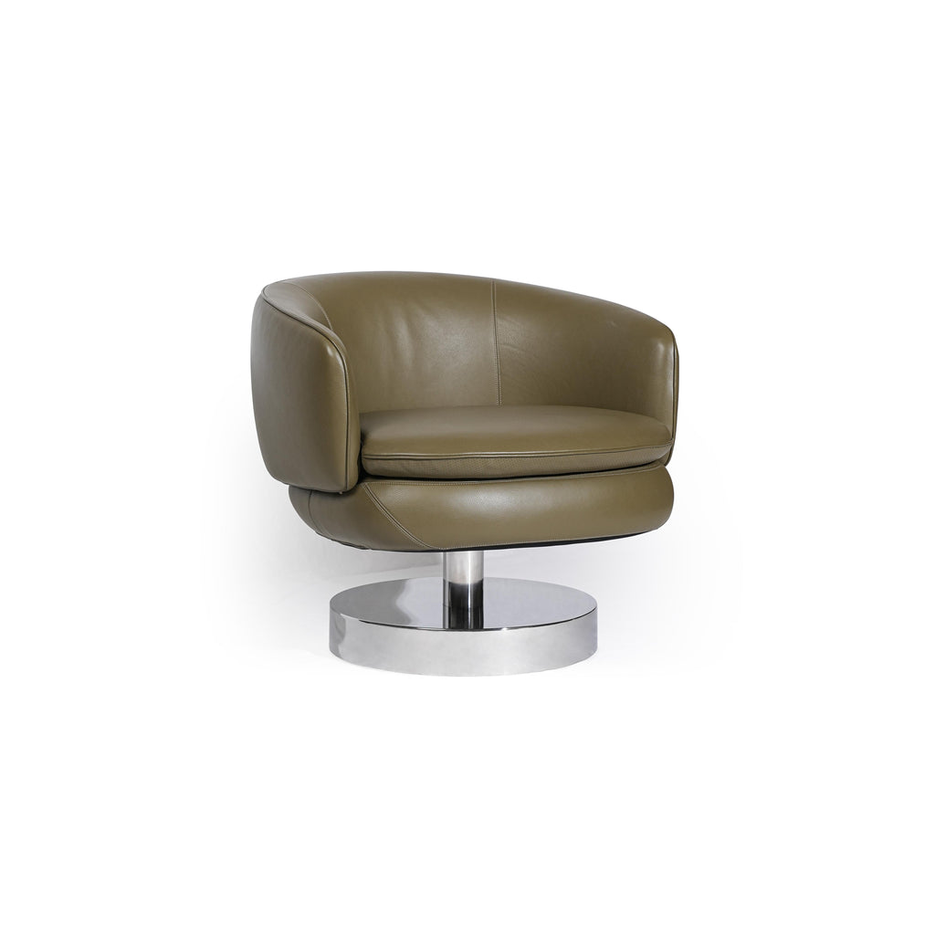 This is a swivel armchair with olive-colored leather-like upholstery, rounded backrest and seat, supported by a polished chrome pedestal base with a central column. It features stitched seams and cushioned seating. Intended for seated comfort in living or office spaces. Category: Furniture > Chairs > Swivel Chairs
