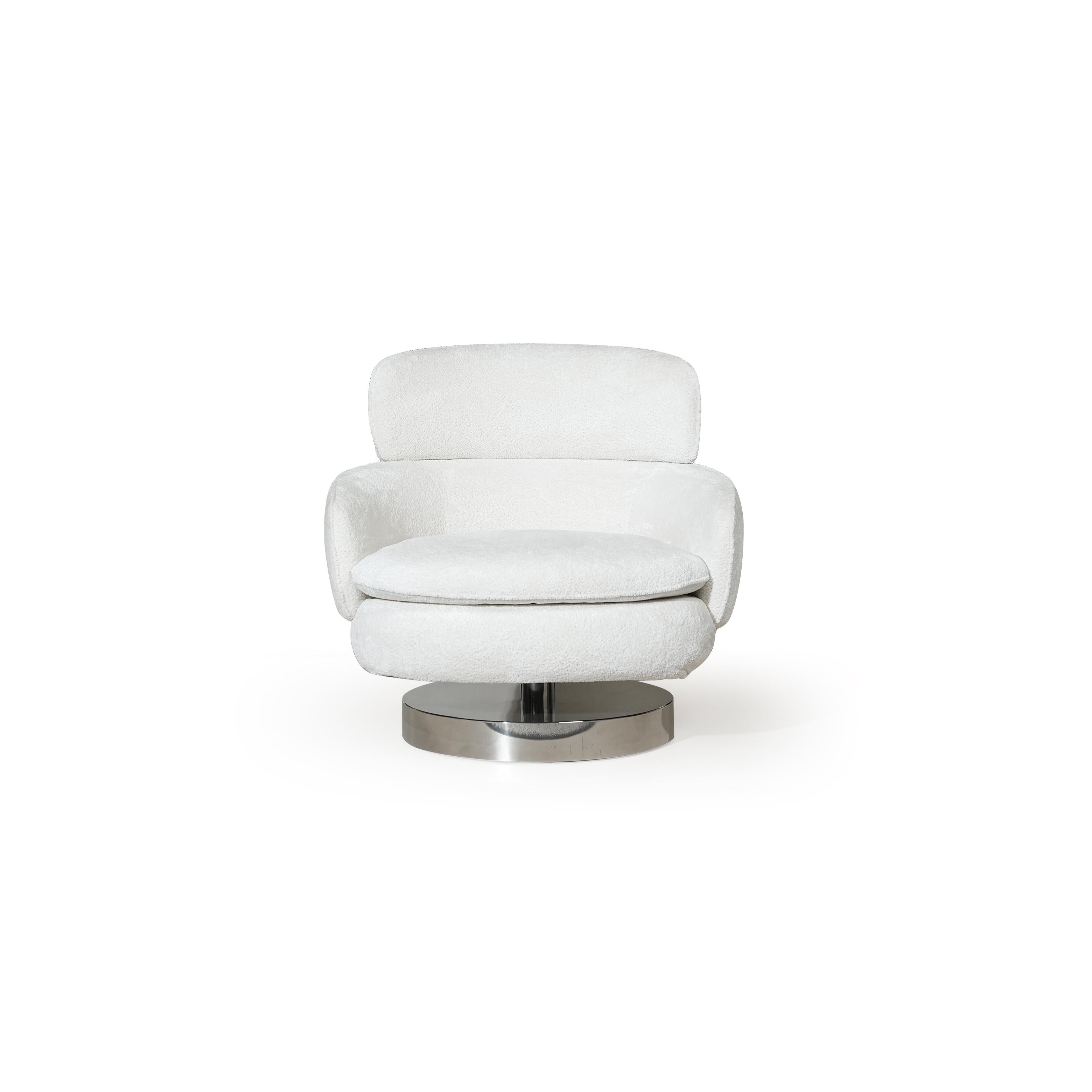 This is a swivel armchair with olive-colored leather-like upholstery, rounded backrest and seat, supported by a polished chrome pedestal base with a central column. It features stitched seams and cushioned seating. Intended for seated comfort in living or office spaces. Category: Furniture > Chairs > Swivel Chairs