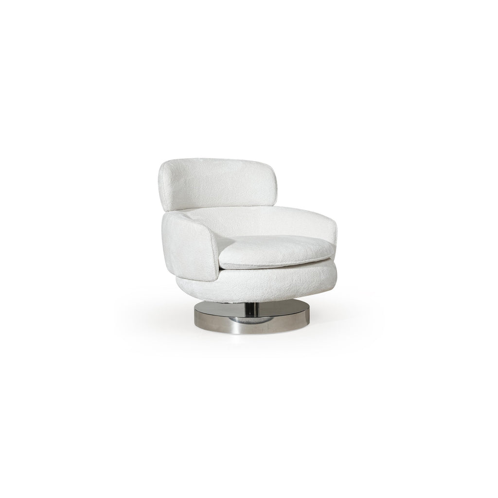 This is a swivel armchair with olive-colored leather-like upholstery, rounded backrest and seat, supported by a polished chrome pedestal base with a central column. It features stitched seams and cushioned seating. Intended for seated comfort in living or office spaces. Category: Furniture > Chairs > Swivel Chairs