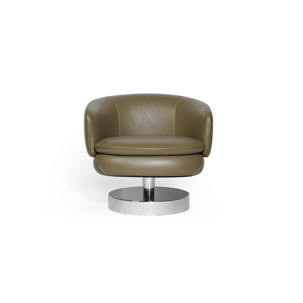 This is a swivel armchair with olive-colored leather-like upholstery, rounded backrest and seat, supported by a polished chrome pedestal base with a central column. It features stitched seams and cushioned seating. Intended for seated comfort in living or office spaces. Category: Furniture > Chairs > Swivel Chairs