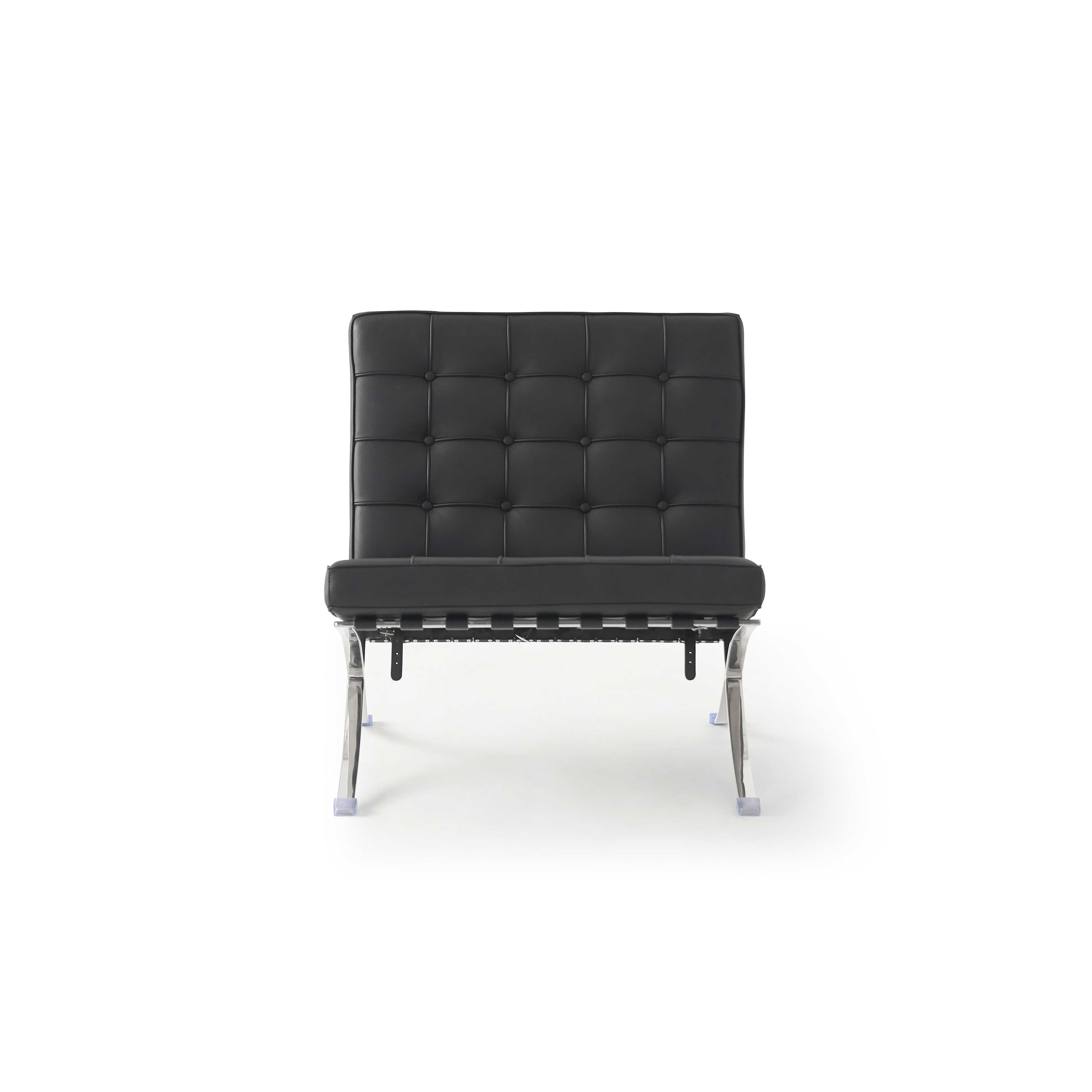 Black upholstered armless chair with tufted backrest and seat, supported by chrome metal legs with plastic feet; features stitched seams and visible frame connectors; designed for seating; Category: Furniture > Chairs > Armless Chairs