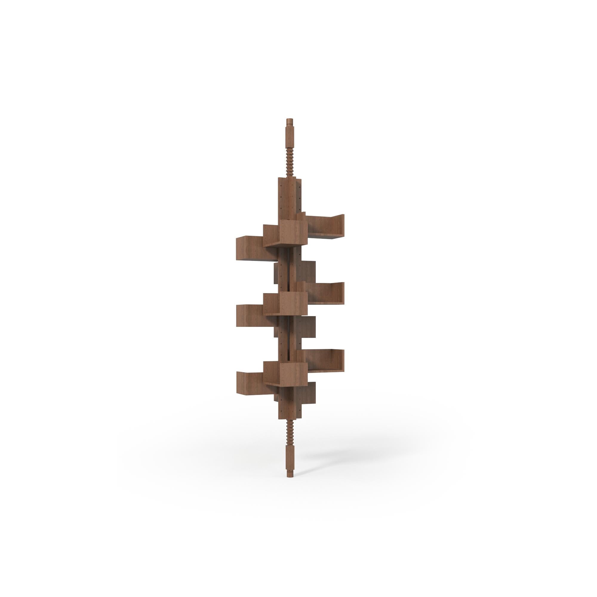 Wooden bookshelf with vertical structure, featuring multiple open shelves arranged asymmetrically around a central support. Shelves extend outward at varying heights, supported by a central vertical post with visible screw-like fasteners. Finished in medium brown wood tone. Intended for displaying books or decorative items. Category: furniture/shelves/bookshelves