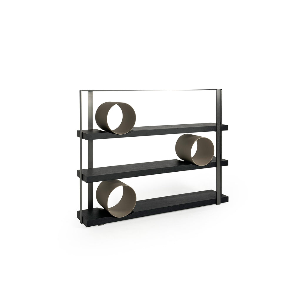 Modern three-shelf display unit with black matte shelves and dark metal frame; cylindrical beige objects rest on each shelf; minimalist design for holding decor or books; Category: Furniture > Shelves > Display Shelves