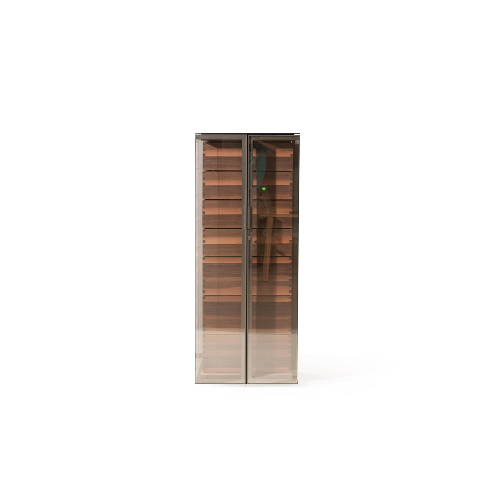 Tall glass-door cabinet with dark wood shelves and metallic frame; rectangular form with two doors, visible horizontal shelves, and slim vertical handle; intended for storage or display; Category: Furniture > Storage > Cabinets
