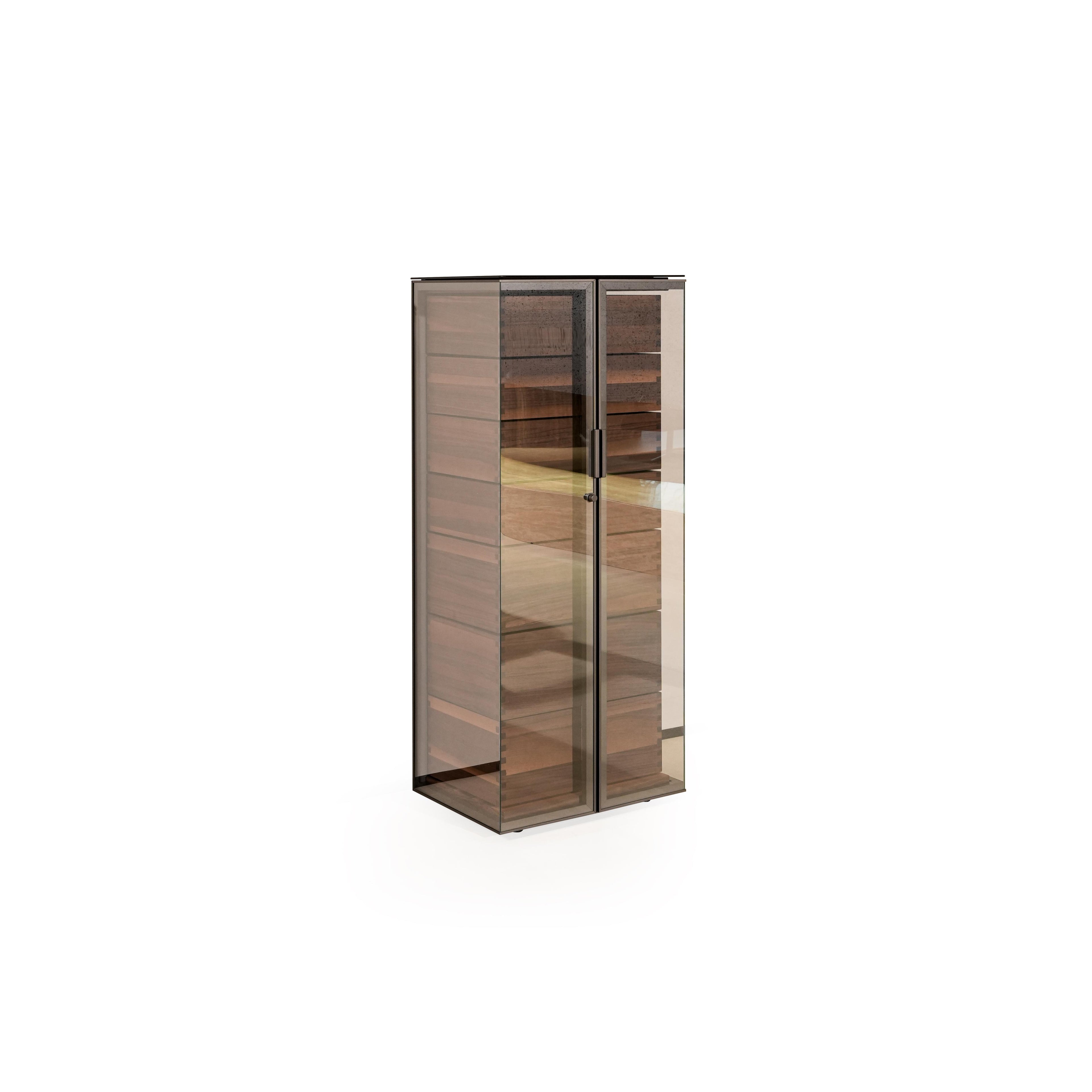 Tall glass-door cabinet with dark wood shelves and metallic frame; rectangular form with two doors, visible horizontal shelves, and slim vertical handle; intended for storage or display; Category: Furniture > Storage > Cabinets