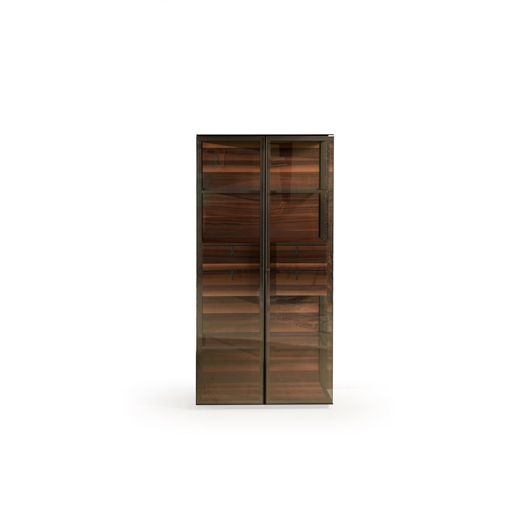 Tall two-door cabinet with dark wood grain interior and translucent glass doors, featuring horizontal shelves and slim black handles; designed for storage, with visible wood texture and metal frame structure. Category: furniture/cabinets