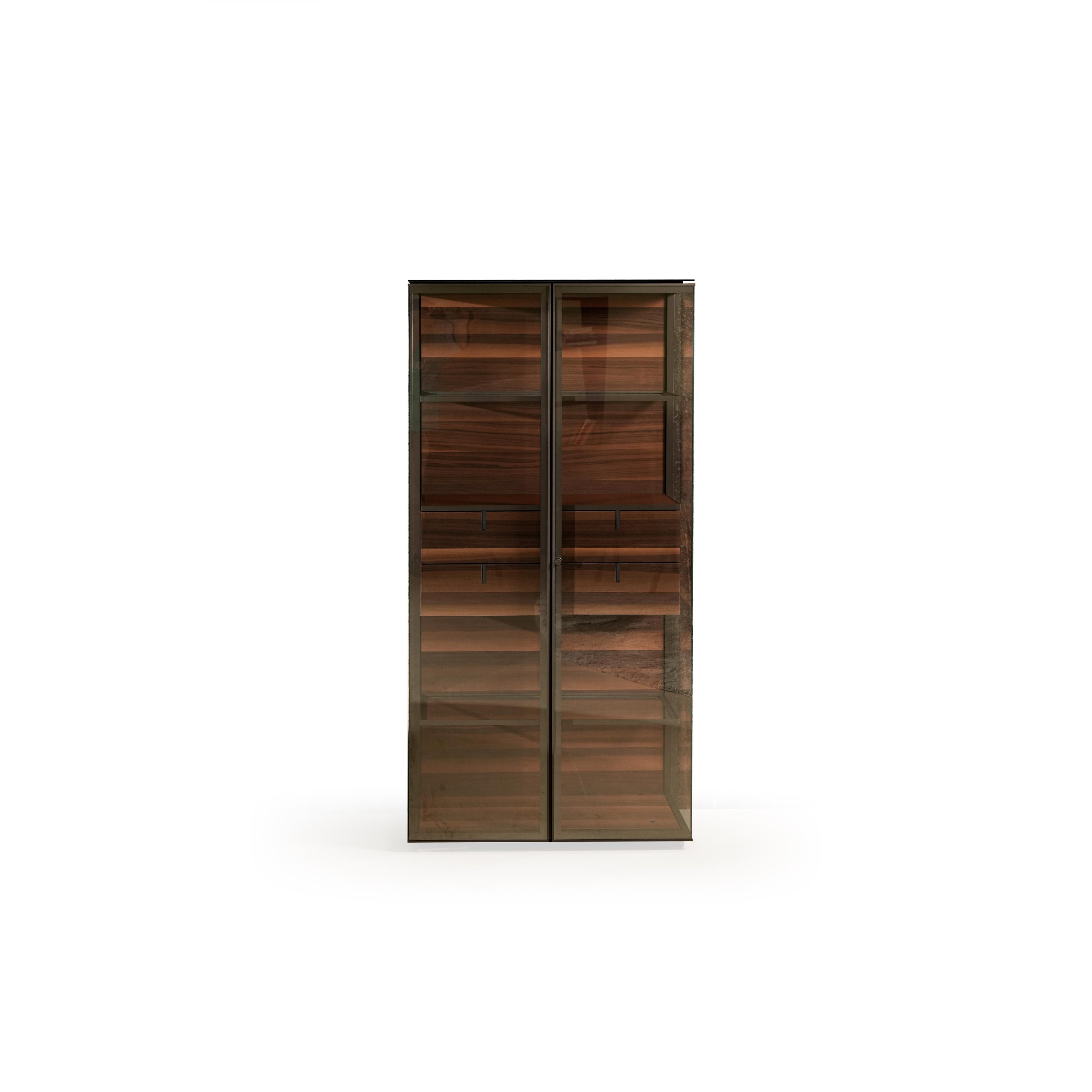 Tall two-door cabinet with dark wood grain interior and translucent glass doors, featuring horizontal shelves and slim black handles; designed for storage, with visible wood texture and metal frame structure. Category: furniture/cabinets