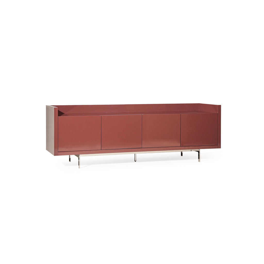 Modern sideboard with four flat-panel doors and a recessed top shelf, supported by four slender metal legs; matte reddish-brown finish; rectangular form; intended for storage and display; Category: Furniture > Storage > Sideboards
