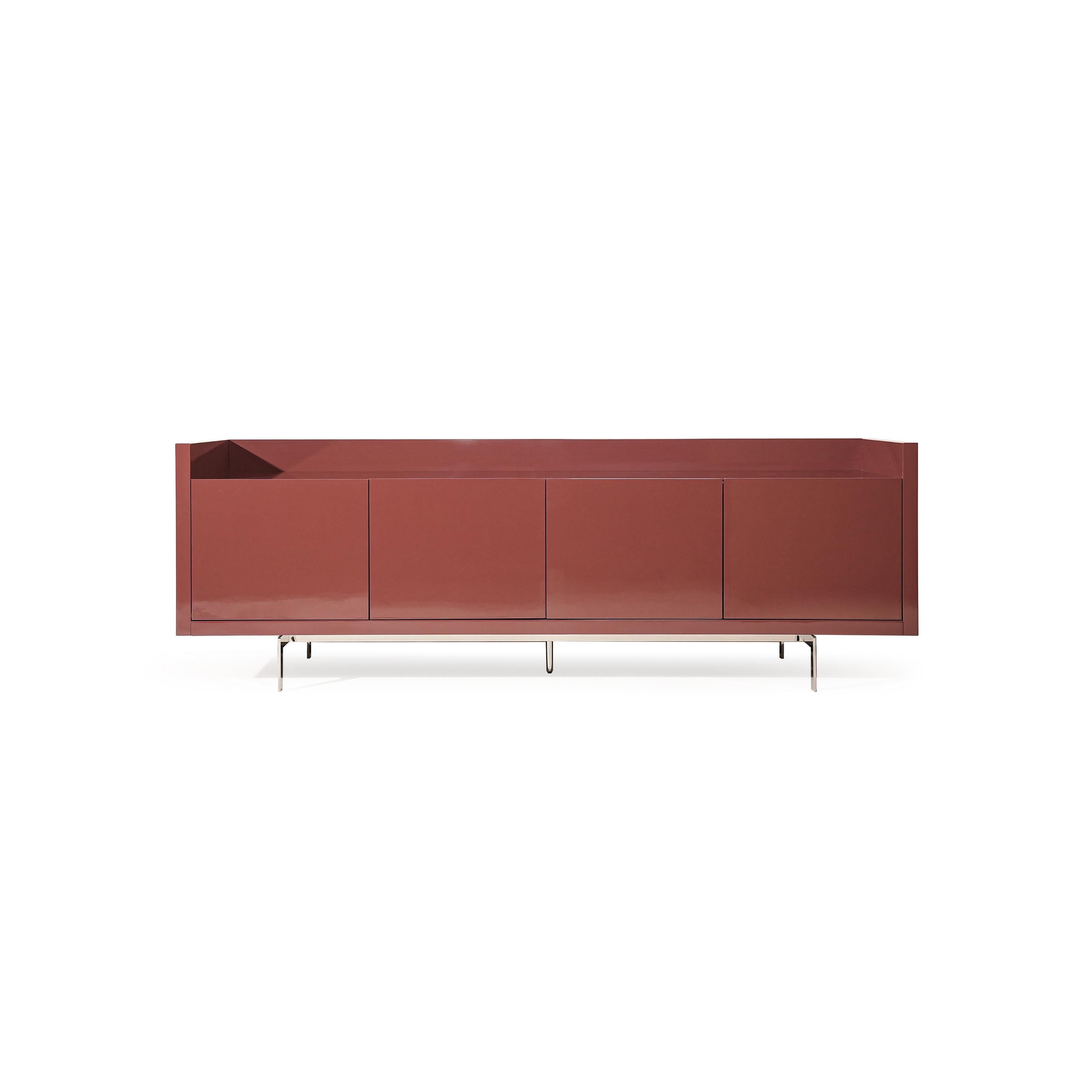 Modern sideboard with four flat-panel doors and a recessed top shelf, supported by four slender metal legs; matte reddish-brown finish; rectangular form; intended for storage and display; Category: Furniture > Storage > Sideboards