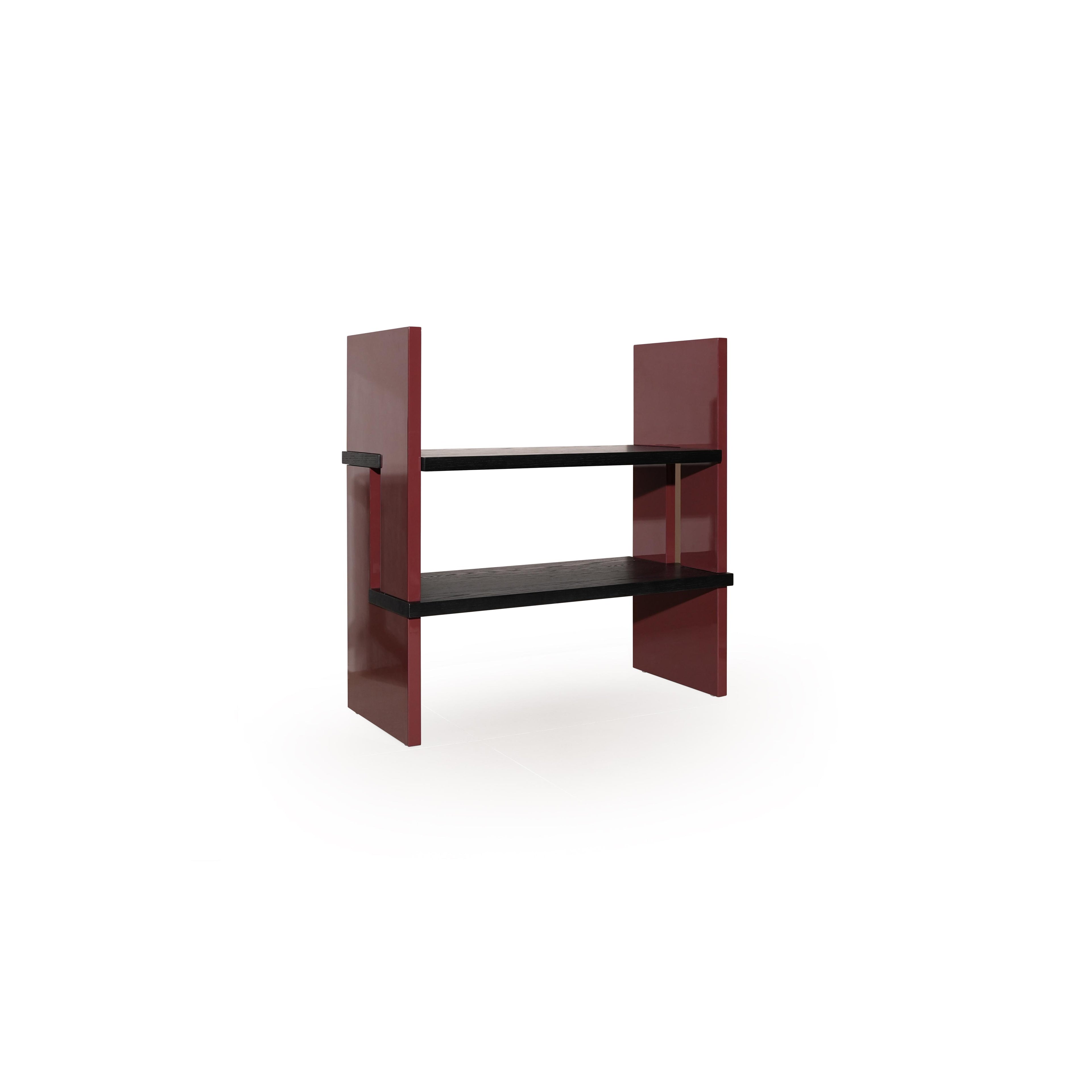 Two-tiered shelf unit with dark gray wooden shelves and glossy red vertical supports; rectangular form with no back or arms; intended for displaying items; Category: Furniture > Shelves > Display Shelves