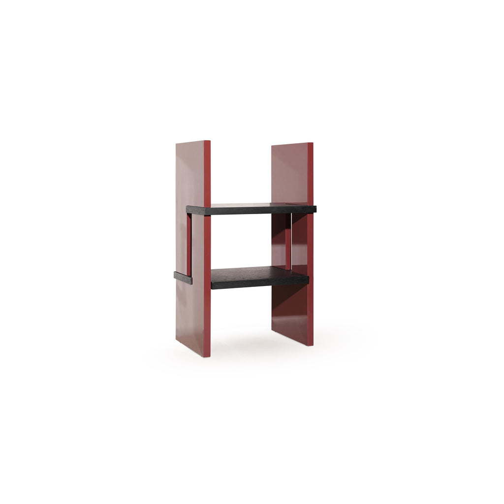 Two-tiered shelf unit with dark gray wooden shelves and glossy red vertical supports; rectangular form with no back or arms; intended for displaying items; Category: Furniture > Shelves > Display Shelves