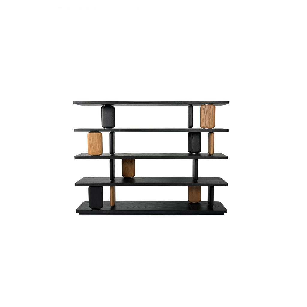 Modern open shelving unit with five horizontal shelves supported by alternating black and light wood-toned rectangular pillars. Features visible wood grain on some pillars and matte black finish on others. Designed for displaying items or storing belongings. Category: furniture/shelving/indoor-shelving