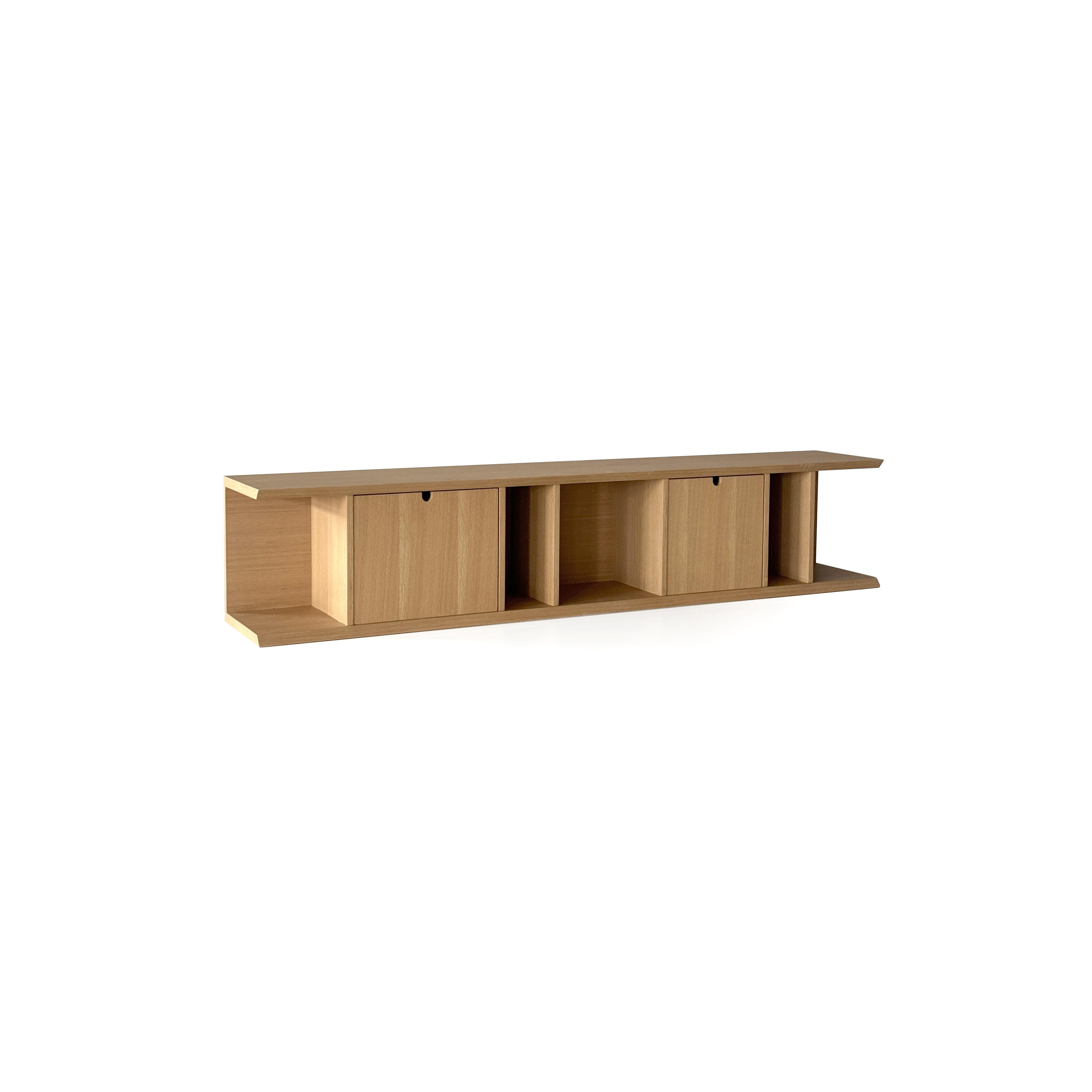 This is a long, low-profile wooden storage unit with two drawers and two open compartments. It features flat-panel doors with black pull handles, a flat top surface, and a lower shelf. Made of light-toned wood with visible grain, it’s designed for organizing items. Category: furniture > storage > shelves and cabinets
