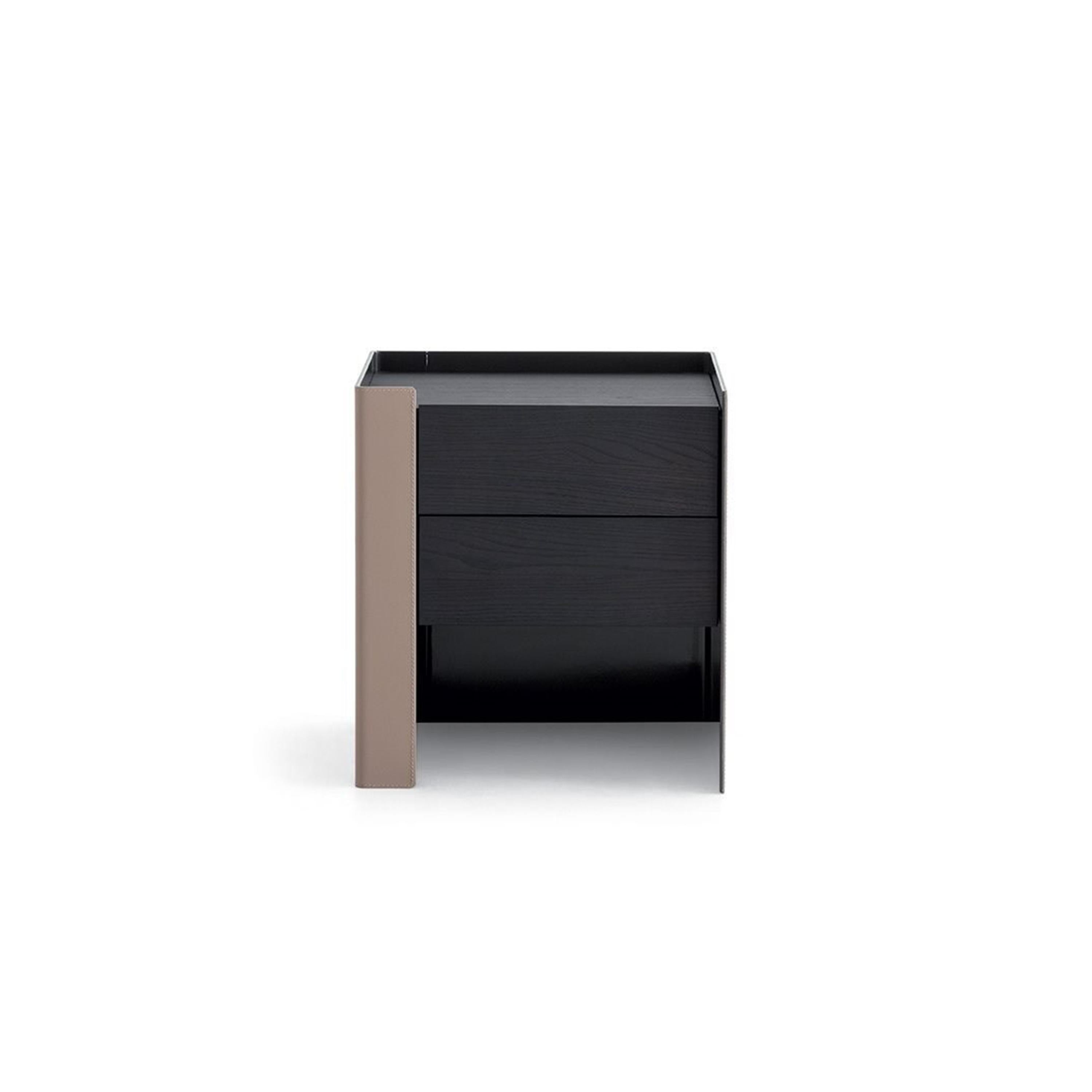 Modern nightstand with two stacked drawers, one side panel in matte taupe finish, the other in dark wood grain. Rectangular form with open rear panel. No visible handles or fasteners. Intended for bedside storage. Category: furniture/nightside-tables