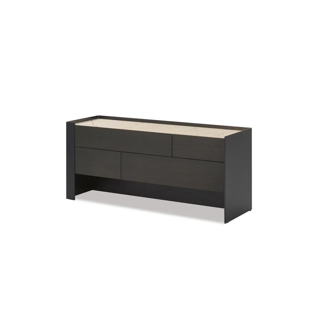 Modern nightstand with two stacked drawers, one side panel in matte taupe finish, the other in dark wood grain. Rectangular form with open rear panel. No visible handles or fasteners. Intended for bedside storage. Category: furniture/nightside-tables