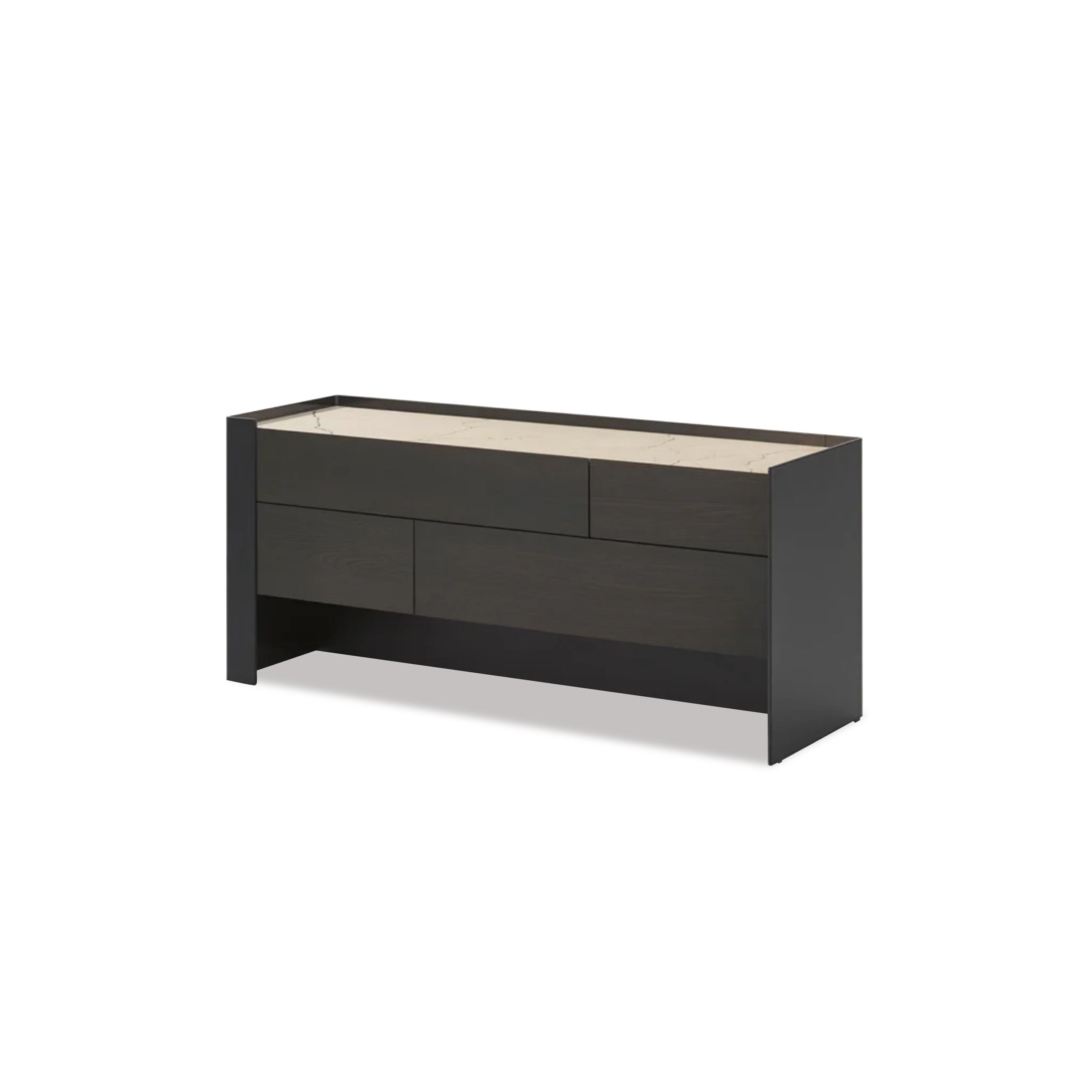 Modern nightstand with two stacked drawers, one side panel in matte taupe finish, the other in dark wood grain. Rectangular form with open rear panel. No visible handles or fasteners. Intended for bedside storage. Category: furniture/nightside-tables