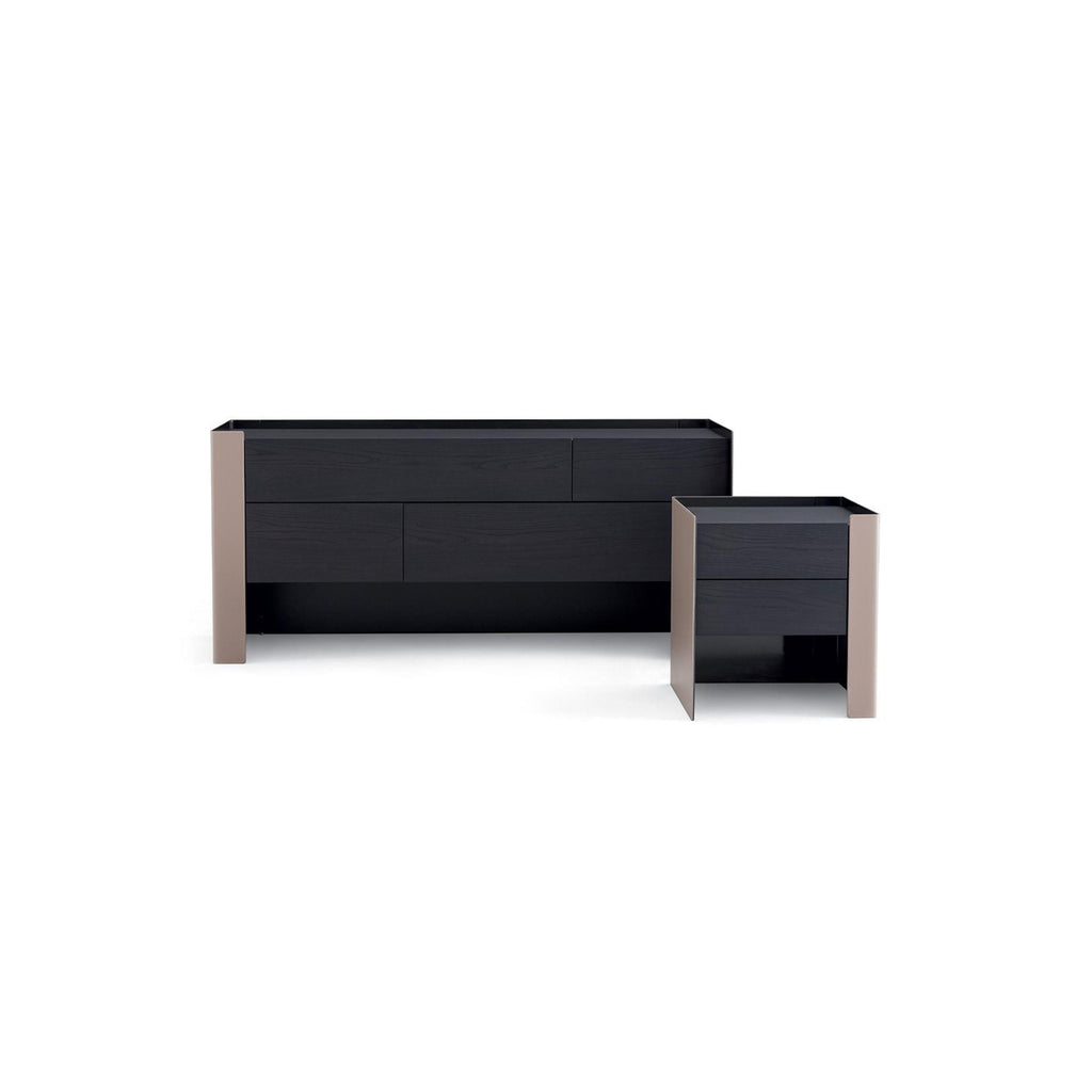 Modern nightstand with two stacked drawers, one side panel in matte taupe finish, the other in dark wood grain. Rectangular form with open rear panel. No visible handles or fasteners. Intended for bedside storage. Category: furniture/nightside-tables
