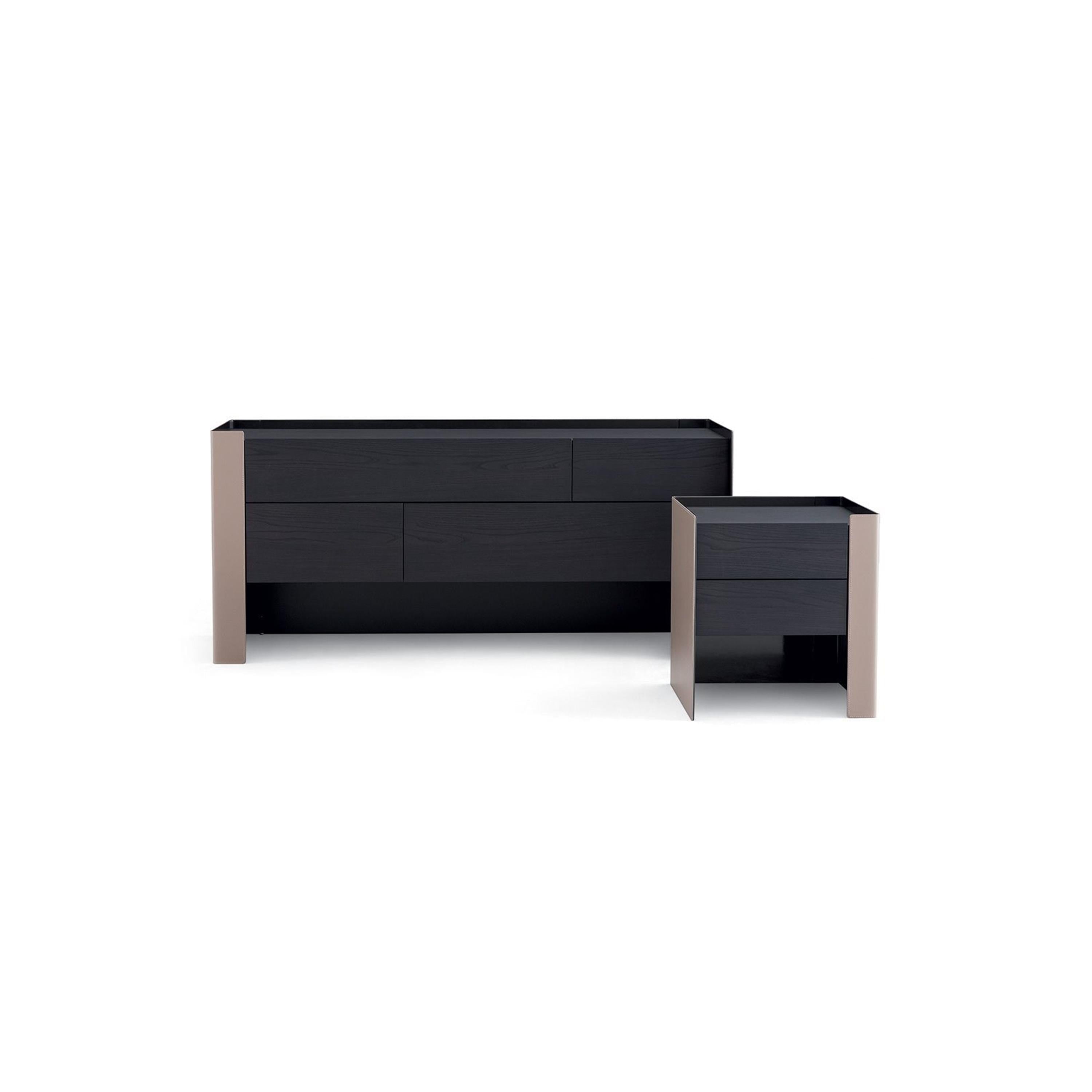 Modern nightstand with two stacked drawers, one side panel in matte taupe finish, the other in dark wood grain. Rectangular form with open rear panel. No visible handles or fasteners. Intended for bedside storage. Category: furniture/nightside-tables