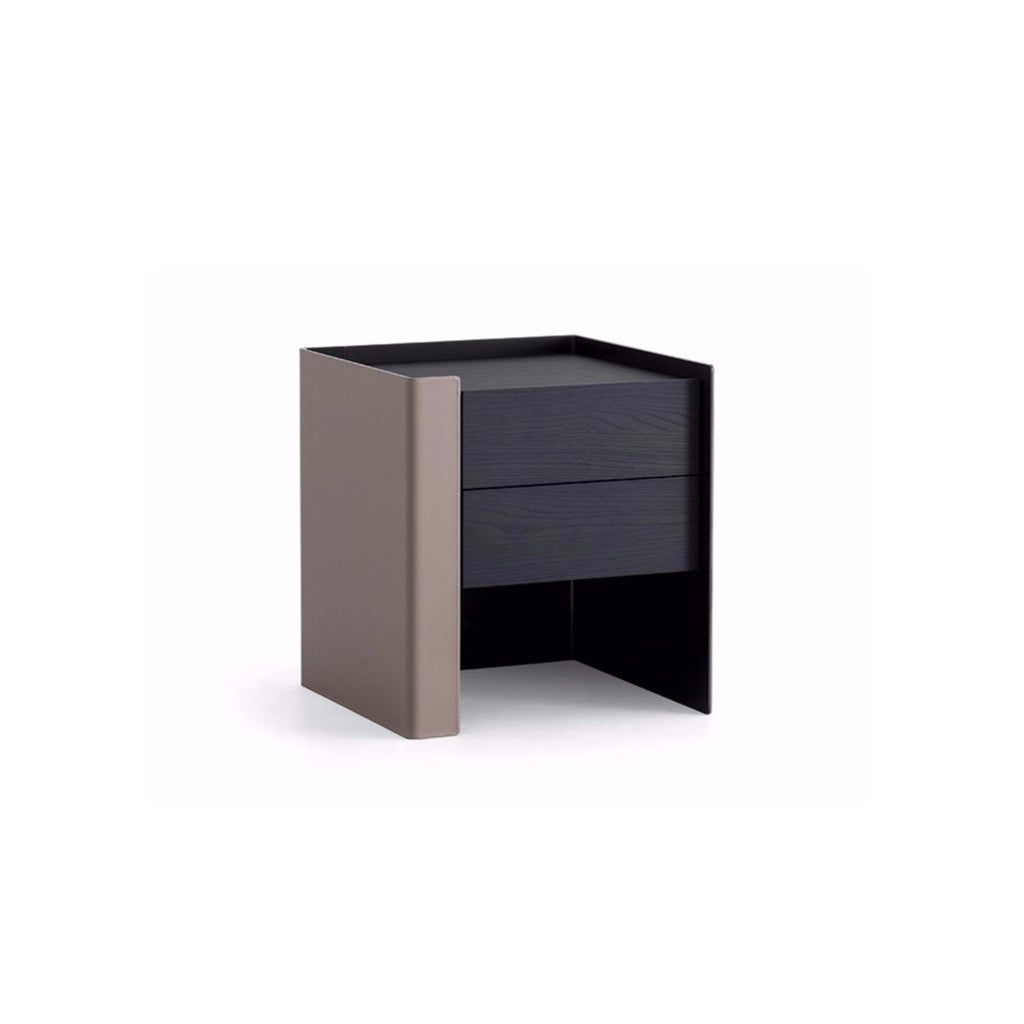 Modern nightstand with two stacked drawers, one side panel in matte taupe finish, the other in dark wood grain. Rectangular form with open rear panel. No visible handles or fasteners. Intended for bedside storage. Category: furniture/nightside-tables