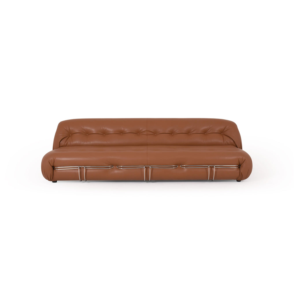 Brown leather-like sofa with tufted backrest, rounded arms, and segmented seat cushions supported by metallic frame bars; low-profile black legs; designed for seating; Category: Furniture > Sofas > Sectionals