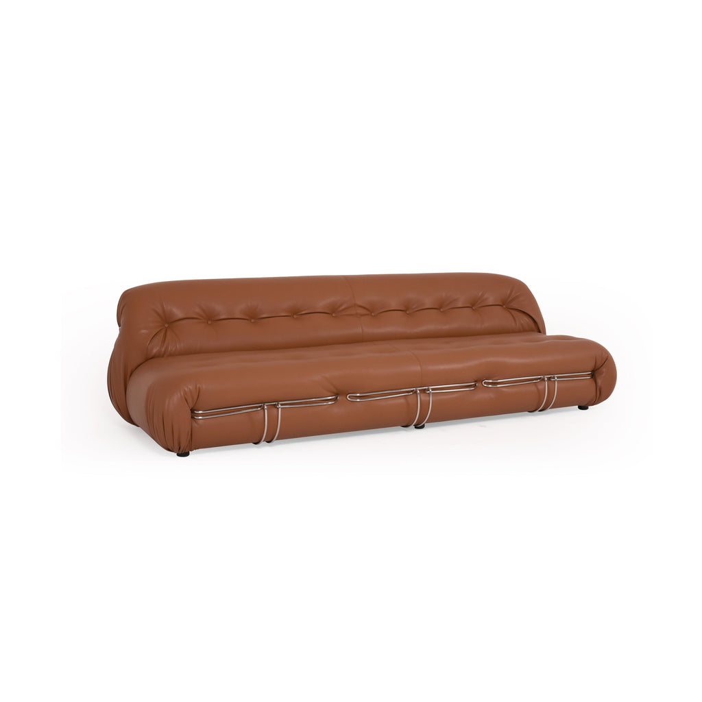 Brown leather-like sofa with tufted backrest, rounded arms, and segmented seat cushions supported by metallic frame bars; low-profile black legs; designed for seating; Category: Furniture > Sofas > Sectionals