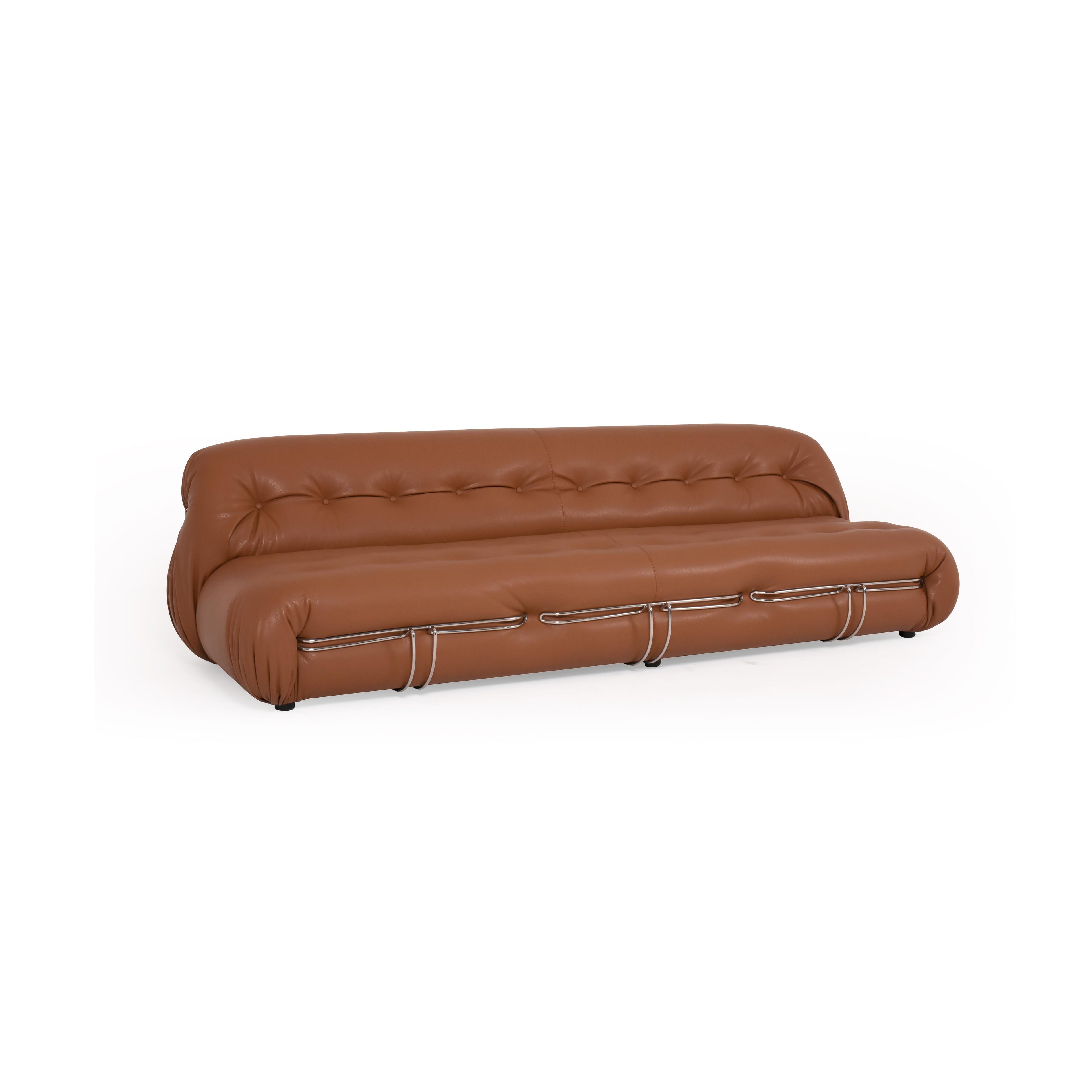 Brown leather-like sofa with tufted backrest, rounded arms, and segmented seat cushions supported by metallic frame bars; low-profile black legs; designed for seating; Category: Furniture > Sofas > Sectionals