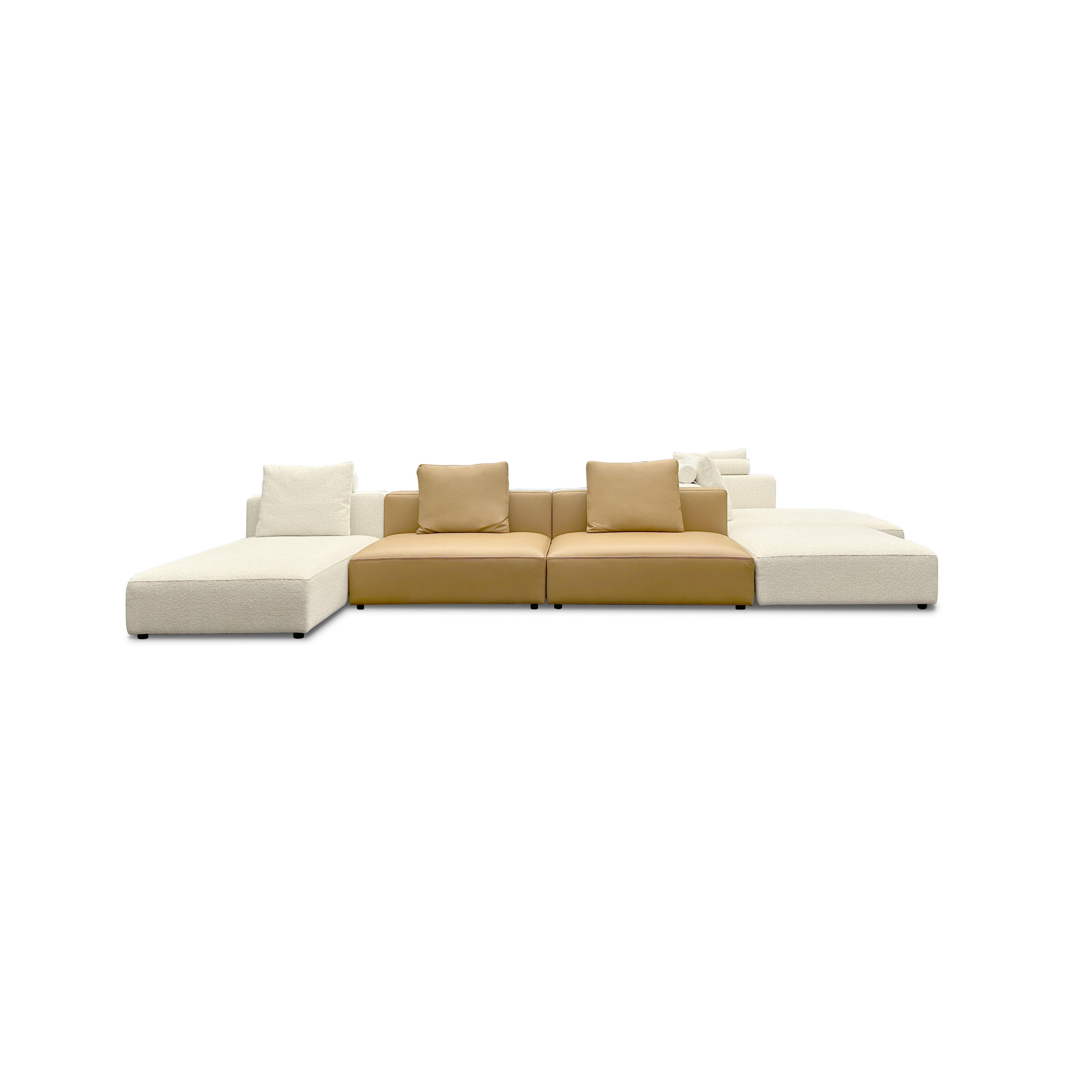 Modular sectional sofa with beige and tan fabric upholstery, featuring segmented seating, backrests, and armrests; includes plush cushions and low-profile legs; designed for lounging and casual seating; Category: furniture > sofas > sectional sofas