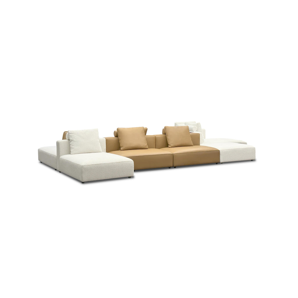 Modular sectional sofa with beige and tan fabric upholstery, featuring segmented seating, backrests, and armrests; includes plush cushions and low-profile legs; designed for lounging and casual seating; Category: furniture > sofas > sectional sofas