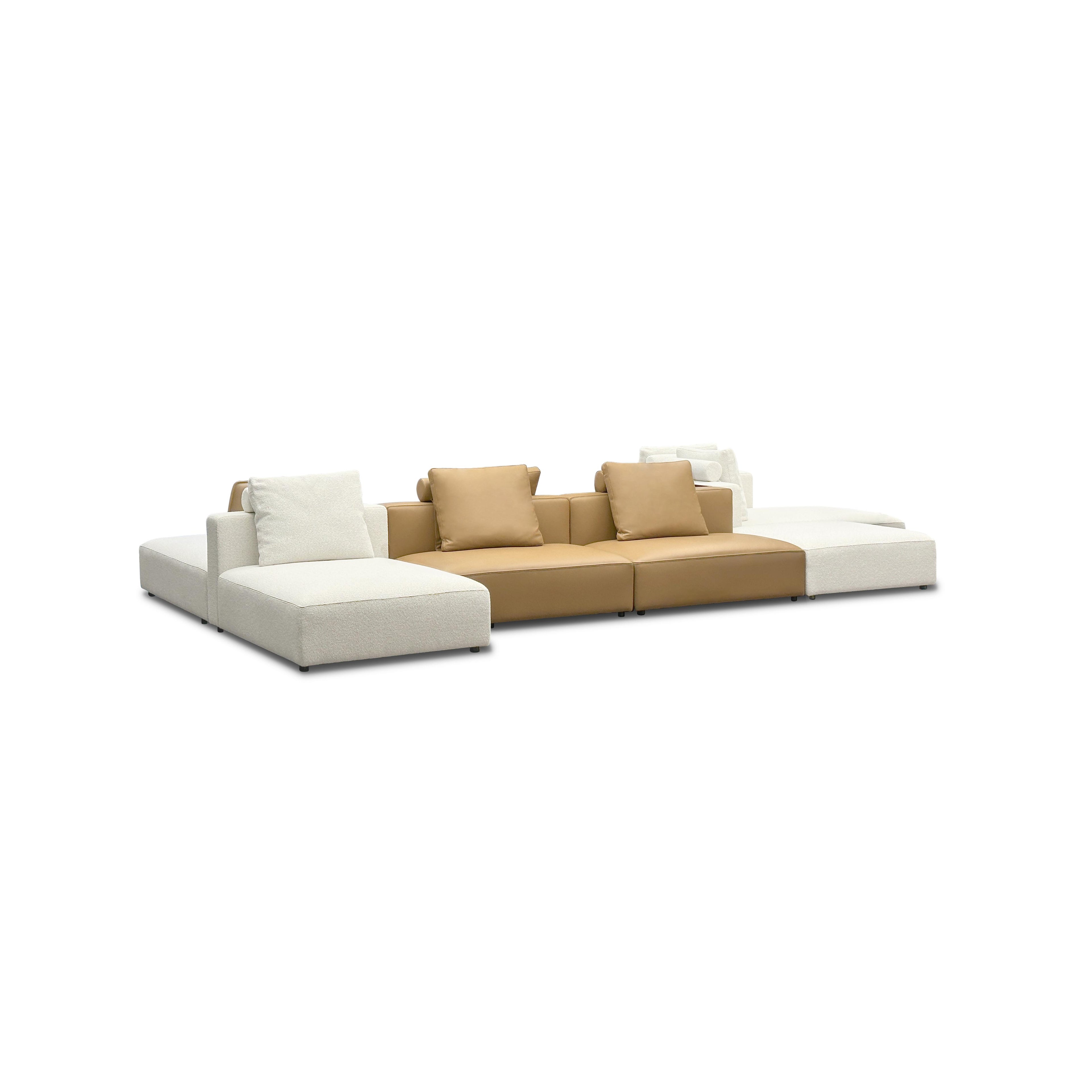 Modular sectional sofa with beige and tan fabric upholstery, featuring segmented seating, backrests, and armrests; includes plush cushions and low-profile legs; designed for lounging and casual seating; Category: furniture > sofas > sectional sofas