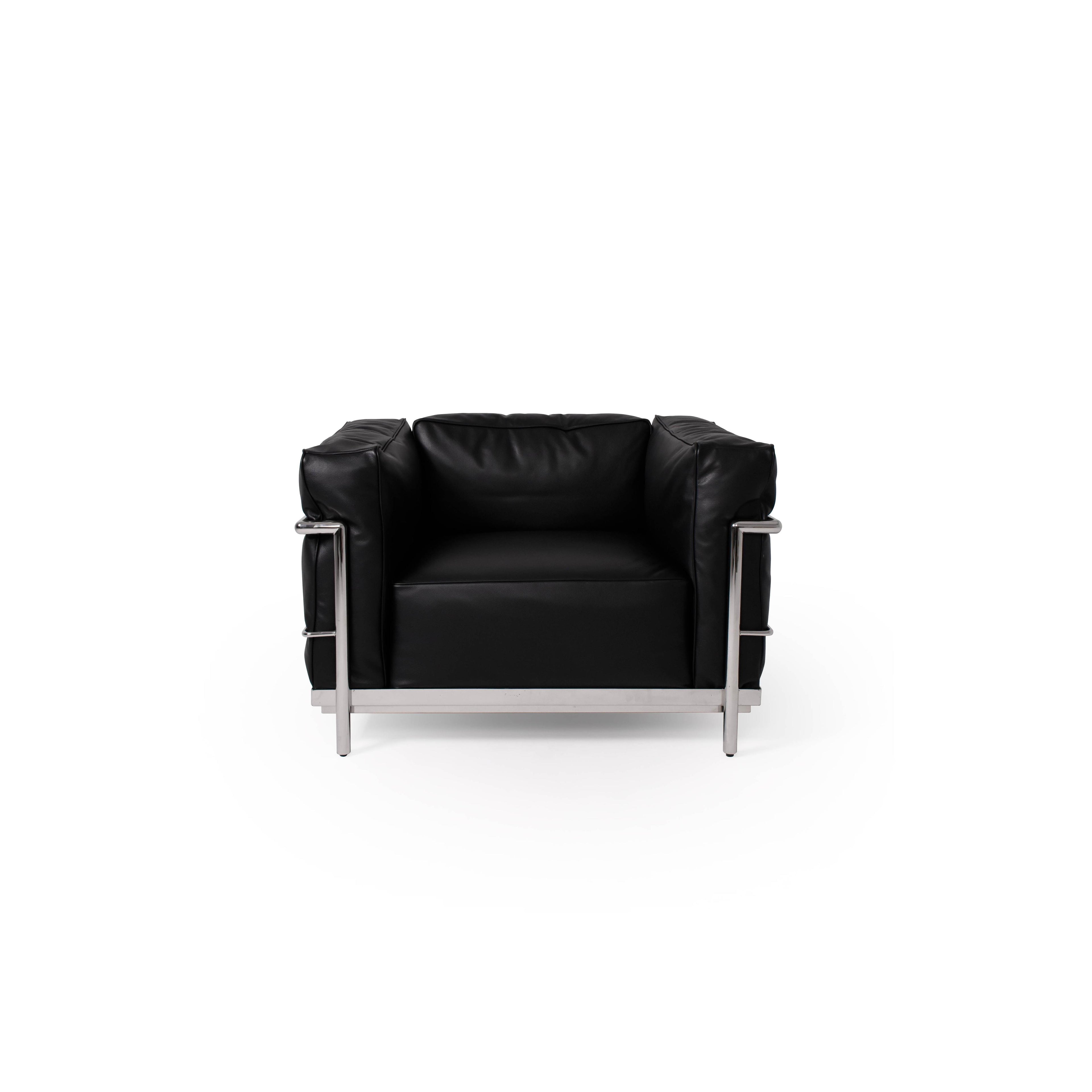 Black leather-like upholstery sofa with three seat cushions and matching backrest, supported by a silver metal frame with vertical armrests and horizontal base rails; designed for seating, featuring clean lines and minimalistic structure. Category: furniture/southern-style-sofas
