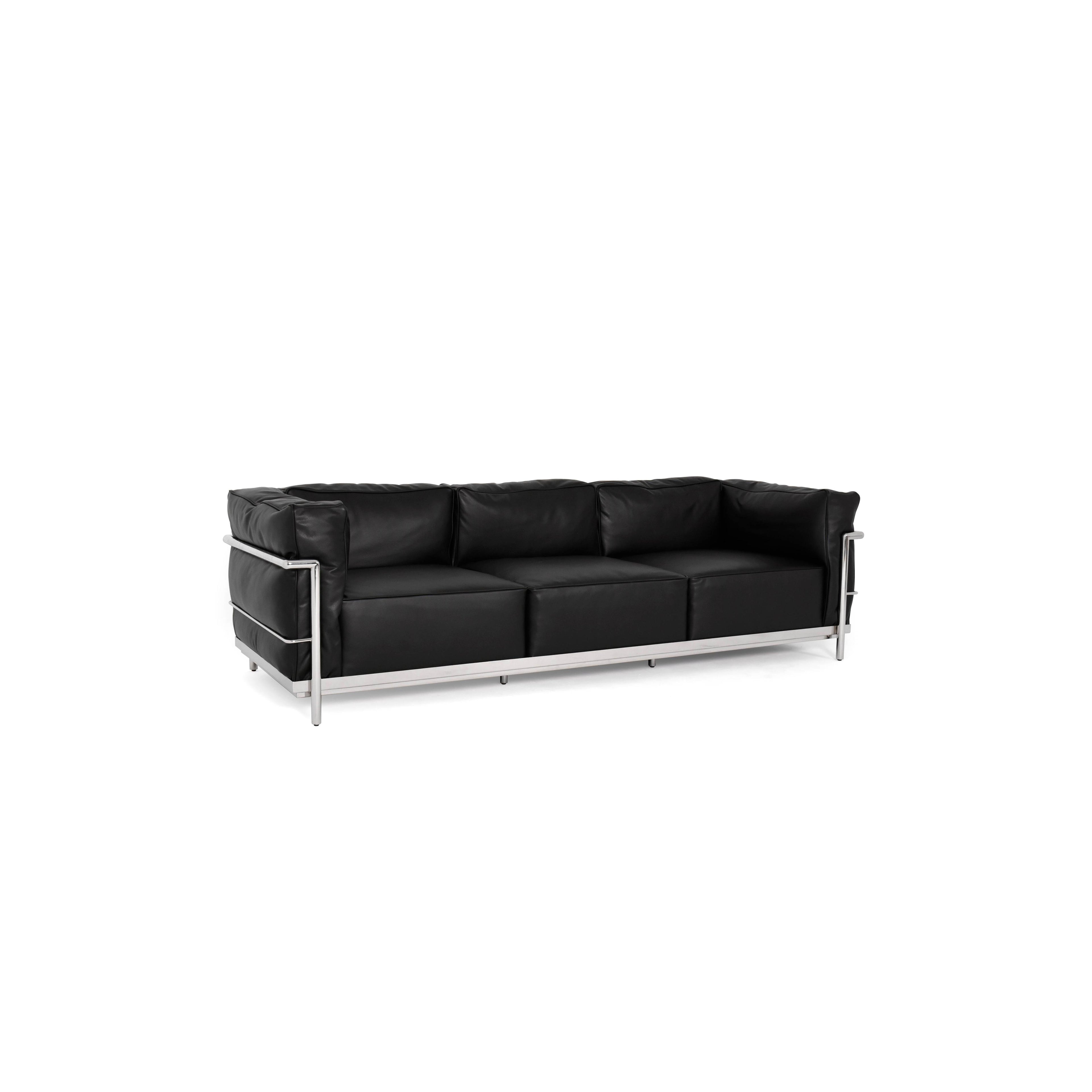 Black leather-like upholstery sofa with three seat cushions and matching backrest, supported by a silver metal frame with vertical armrests and horizontal base rails; designed for seating, featuring clean lines and minimalistic structure. Category: furniture/southern-style-sofas