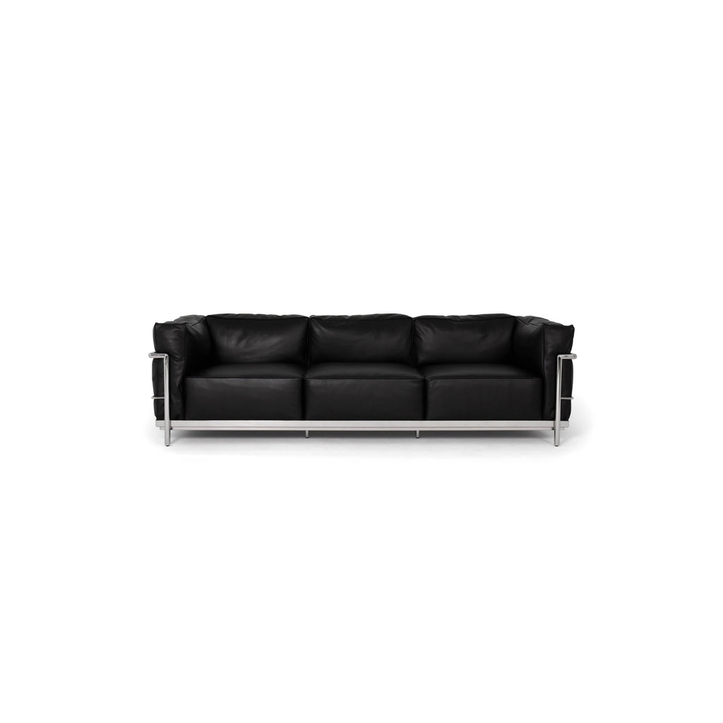 Black leather-like upholstery sofa with three seat cushions and matching backrest, supported by a silver metal frame with vertical armrests and horizontal base rails; designed for seating, featuring clean lines and minimalistic structure. Category: furniture/southern-style-sofas