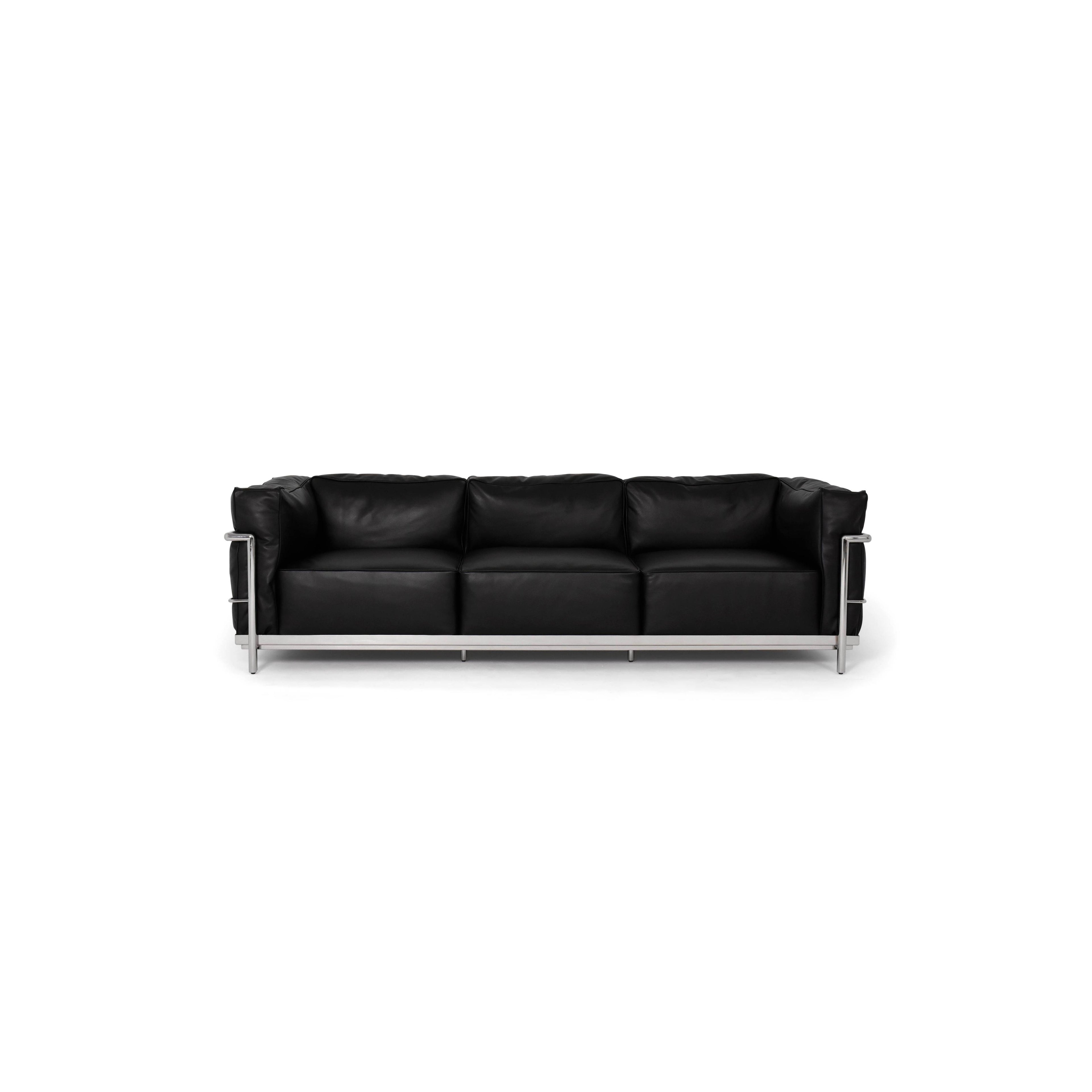 Black leather-like upholstery sofa with three seat cushions and matching backrest, supported by a silver metal frame with vertical armrests and horizontal base rails; designed for seating, featuring clean lines and minimalistic structure. Category: furniture/southern-style-sofas
