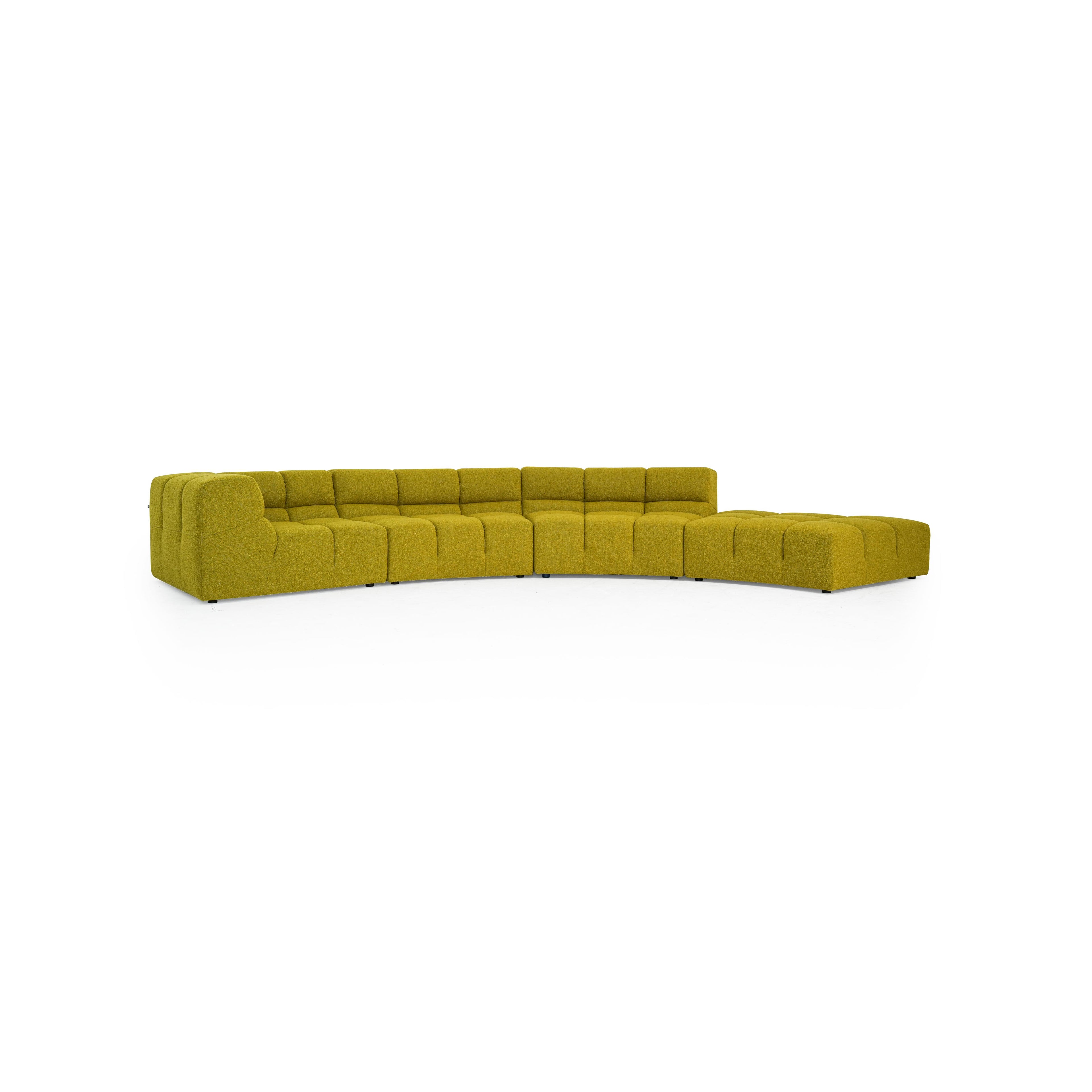 This is a modular sectional sofa with a curved, L-shaped form upholstered in a solid olive-green fabric. It features segmented cushions, tufted backrests, and low-profile legs. The design includes three matching throw pillows and a continuous seating surface. Intended for living room use, it offers flexible seating arrangements. Category: furniture/sofas
