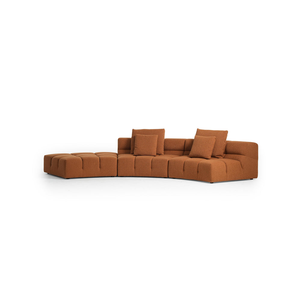 This is a modular sectional sofa with a curved, L-shaped form upholstered in a solid olive-green fabric. It features segmented cushions, tufted backrests, and low-profile legs. The design includes three matching throw pillows and a continuous seating surface. Intended for living room use, it offers flexible seating arrangements. Category: furniture/sofas