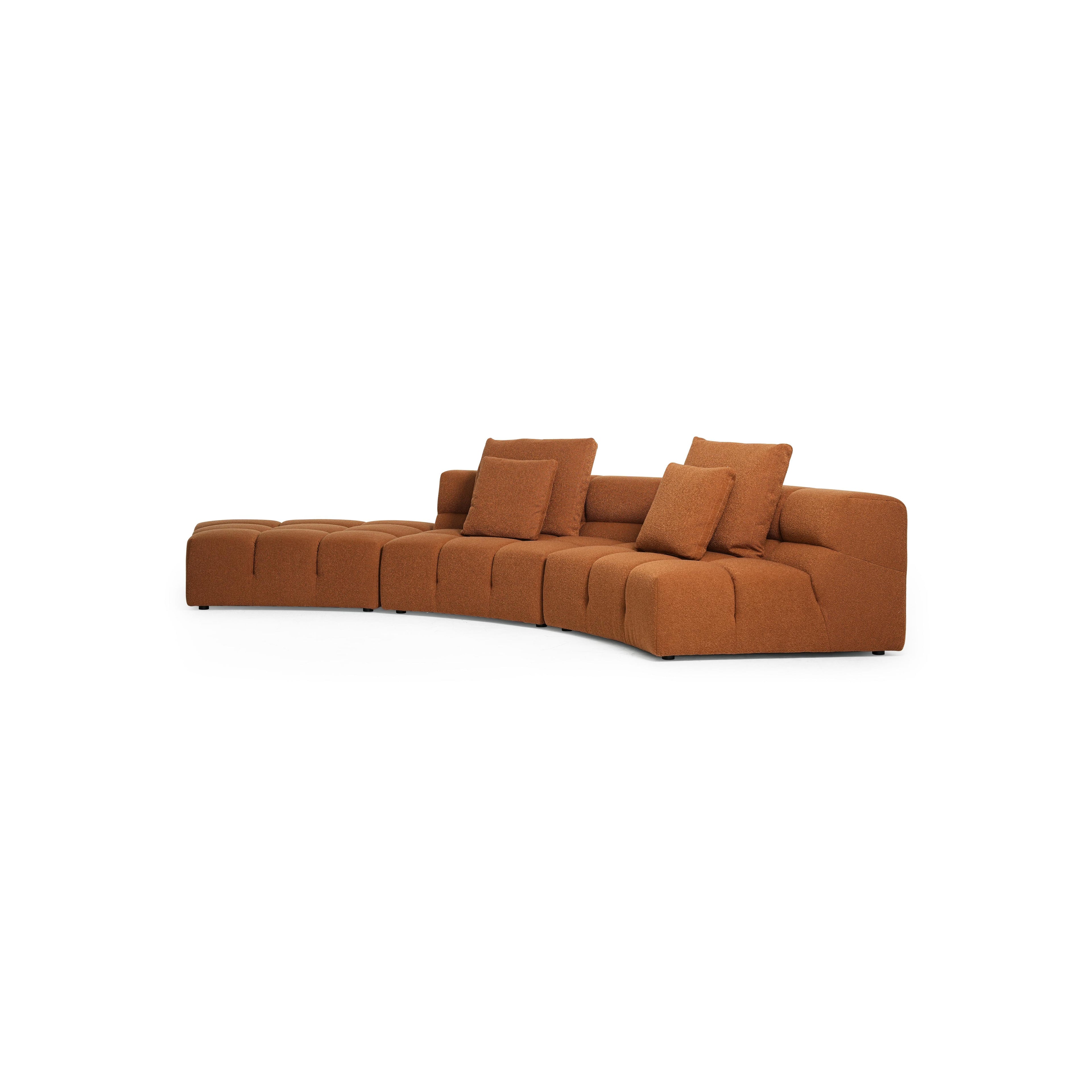 This is a modular sectional sofa with a curved, L-shaped form upholstered in a solid olive-green fabric. It features segmented cushions, tufted backrests, and low-profile legs. The design includes three matching throw pillows and a continuous seating surface. Intended for living room use, it offers flexible seating arrangements. Category: furniture/sofas
