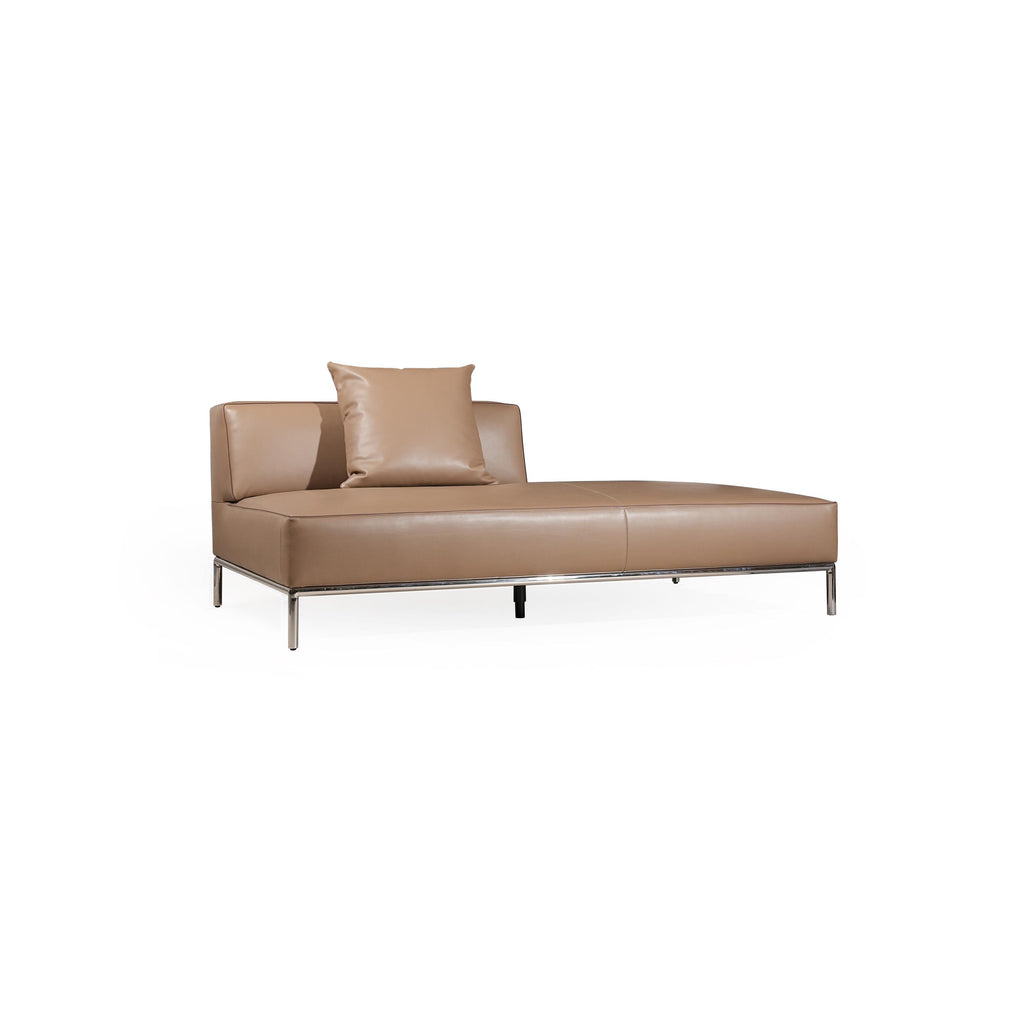 A three-seater sofa with a tan leather-like upholstery, featuring two matching square cushions, rectangular armrests, and a low-profile metal frame with four slender legs. Intended for seating, it has visible stitching along seams and a clean, minimalist silhouette. Category: furniture/southern-style-sofas