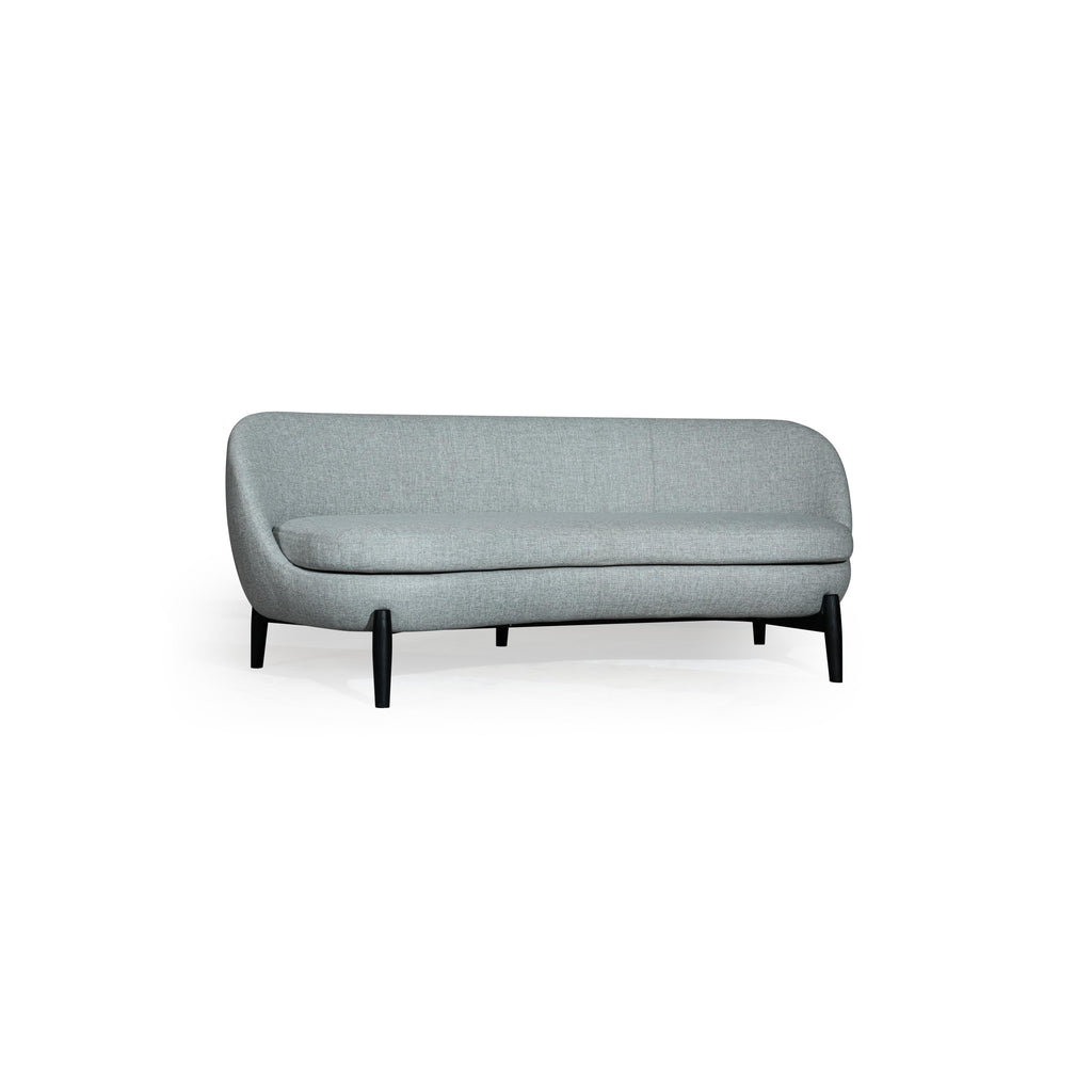 A two-seater sofa with light gray fabric upholstery and black tapered legs. It has a rounded backrest, a single cushioned seat, and no visible arms or additional hardware. Designed for seating, it features a soft, continuous fabric surface with subtle stitching. Category: furniture/soups/sofas