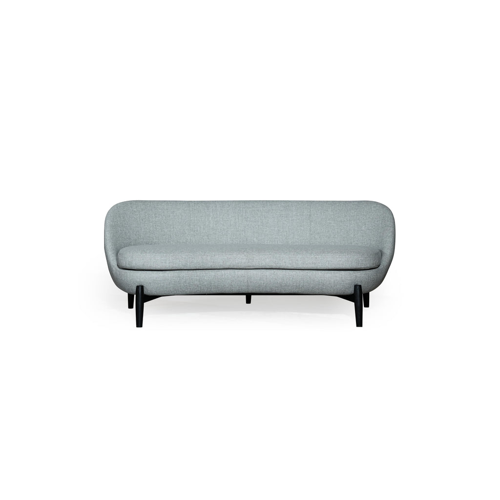 A two-seater sofa with light gray fabric upholstery and black tapered legs. It has a rounded backrest, a single cushioned seat, and no visible arms or additional hardware. Designed for seating, it features a soft, continuous fabric surface with subtle stitching. Category: furniture/soups/sofas