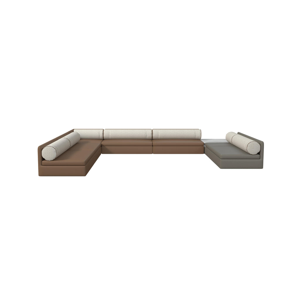 Two-seater modular sofa with brown fabric upholstery and light gray tufted cushions; rectangular backrest, armrests, and low-profile legs; central table with marble top and wooden shelf; designed for seating and casual use; Category: furniture > sofas > modular sofas