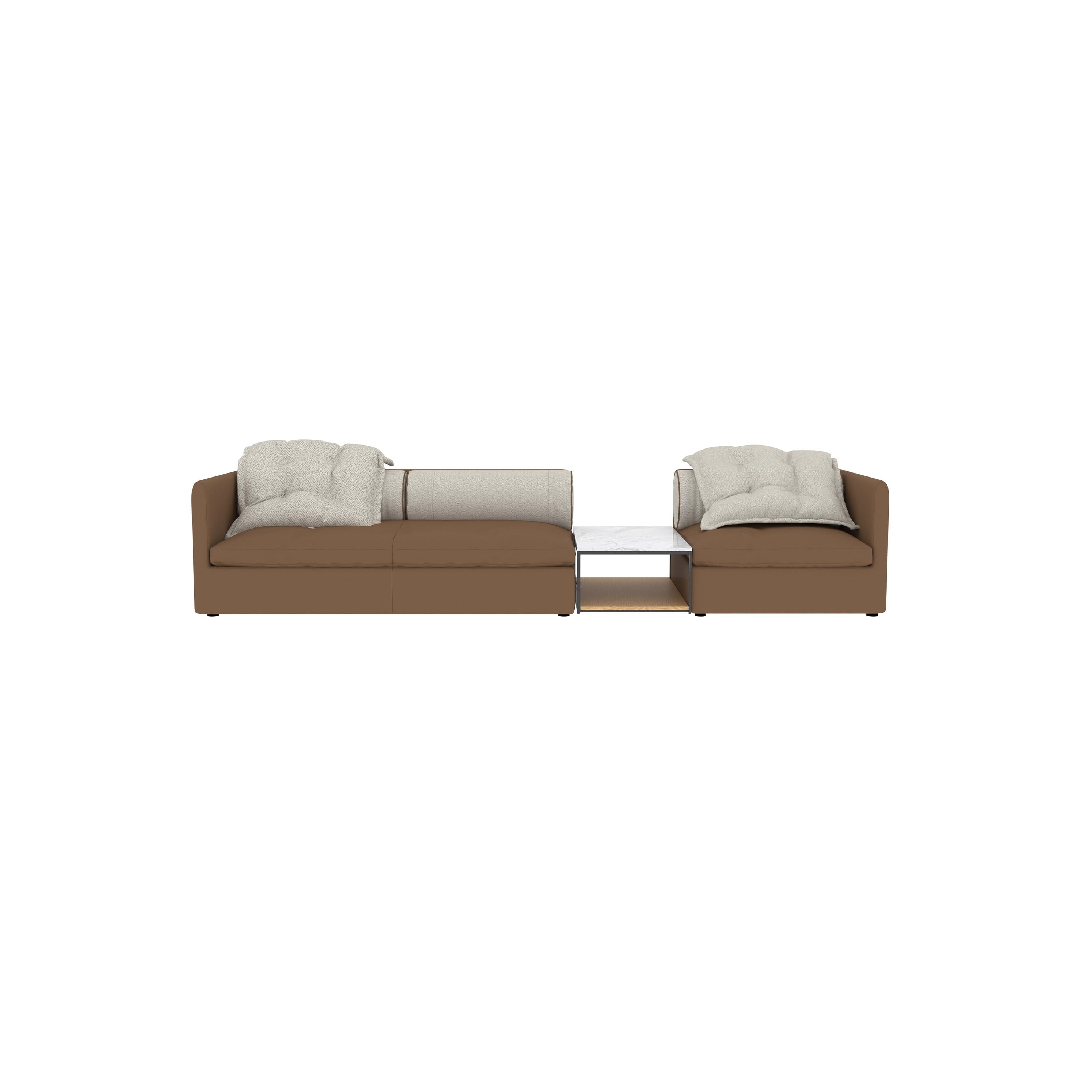 Two-seater modular sofa with brown fabric upholstery and light gray tufted cushions; rectangular backrest, armrests, and low-profile legs; central table with marble top and wooden shelf; designed for seating and casual use; Category: furniture > sofas > modular sofas