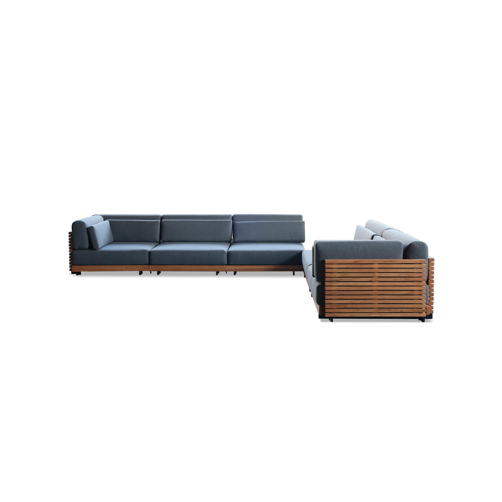Outdoor sectional sofa with dark gray fabric cushions and wooden slat frames, featuring low-profile legs, segmented backrests, and armrests with matching slat panels; designed for patio or garden seating; Category: Furniture > Outdoor Furniture > Sofas